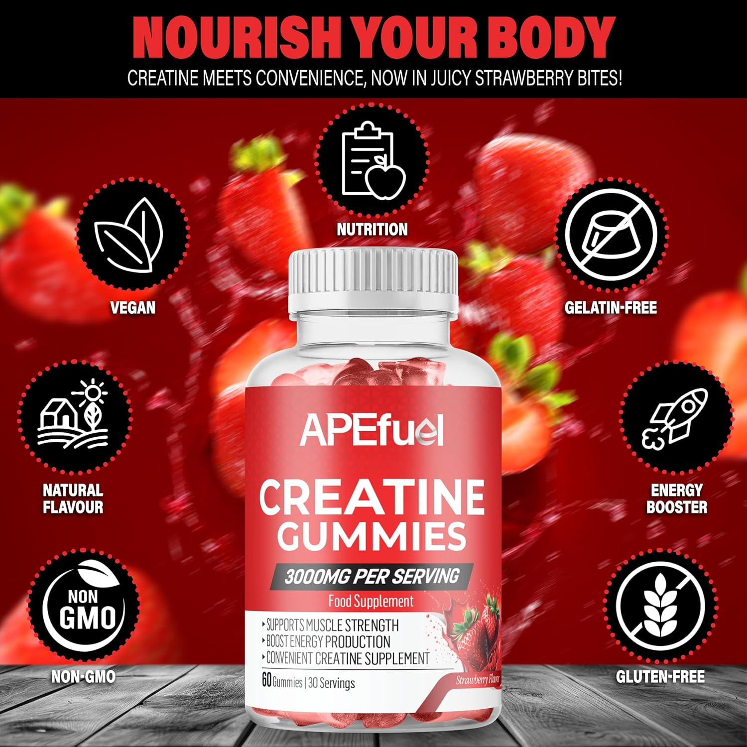 Apefuel Creatine Gummies for Men & Women - Sugar-Free Strawberry Flavored Pre-Workout Gummies for Muscle Growth, Strength & Cognitive Support - 3000Mg Creatine Dietary Supplement (30-Days Supply) image number 1