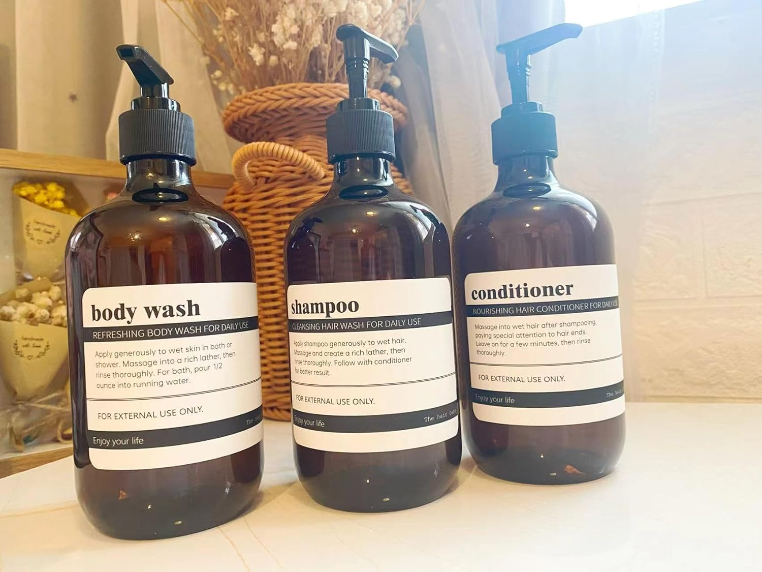 Refillable Shampoo and Conditioner Bottles, 17Oz Shampoo and Conditioner Dispenser Soap Dispenser Shampoo Dispenser Lotion Dispenser with 8 Waterproof Labels for Bathroom Hotel - Amber, 3Pcs image number 2