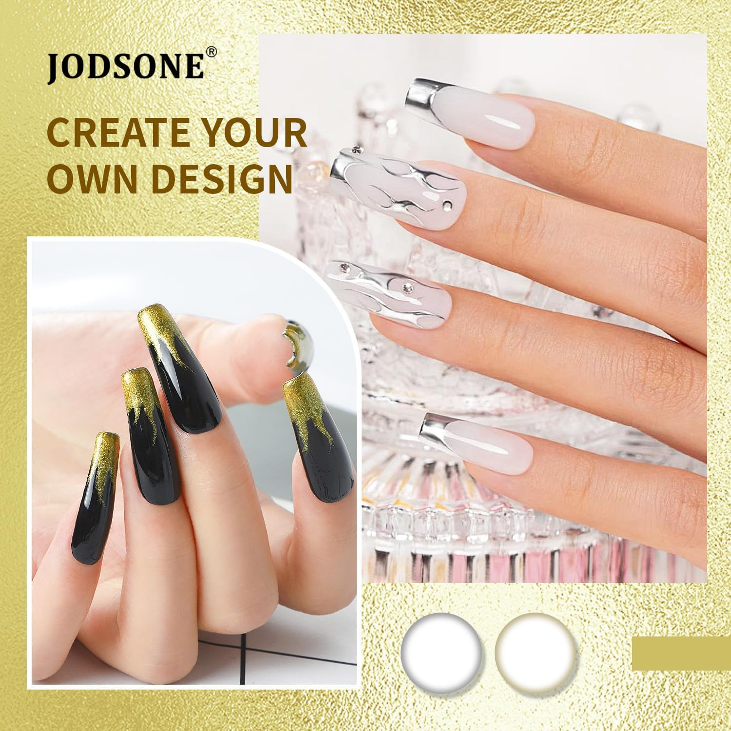 JODSONE 2Pcs Metallic Nail Art Gel Liner Gold Mirror Chrome and Silvery 3D Effect Gel Nail Polish Thin Brush Metal Painted DIY at Home Salon image number 2