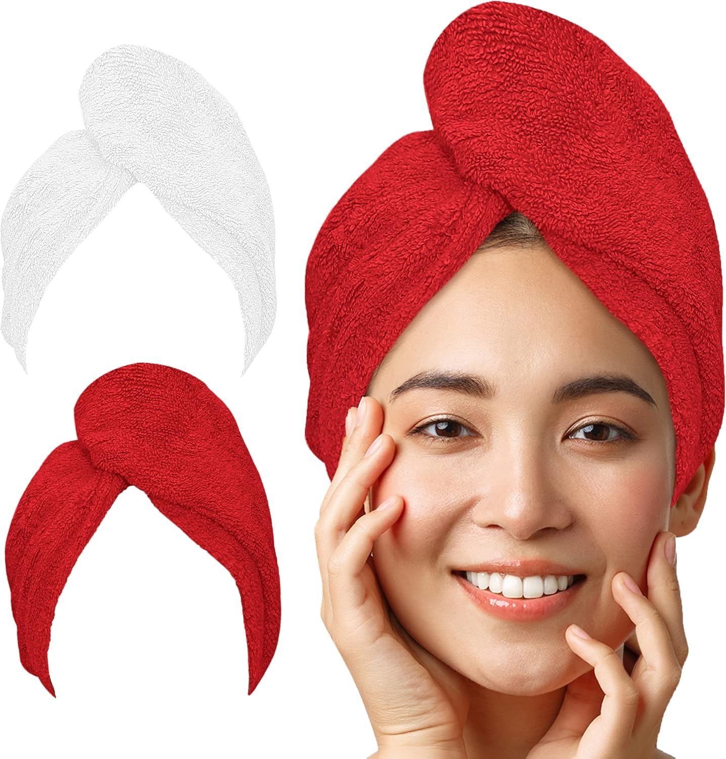 LUXTOGO&reg; Premium Hair Towel (430 G/M&sup2;) - 100% Cotton Turban with Button and Elastic, Super Absorbent (2 Pieces White + Red) - 1 X White. image number 3