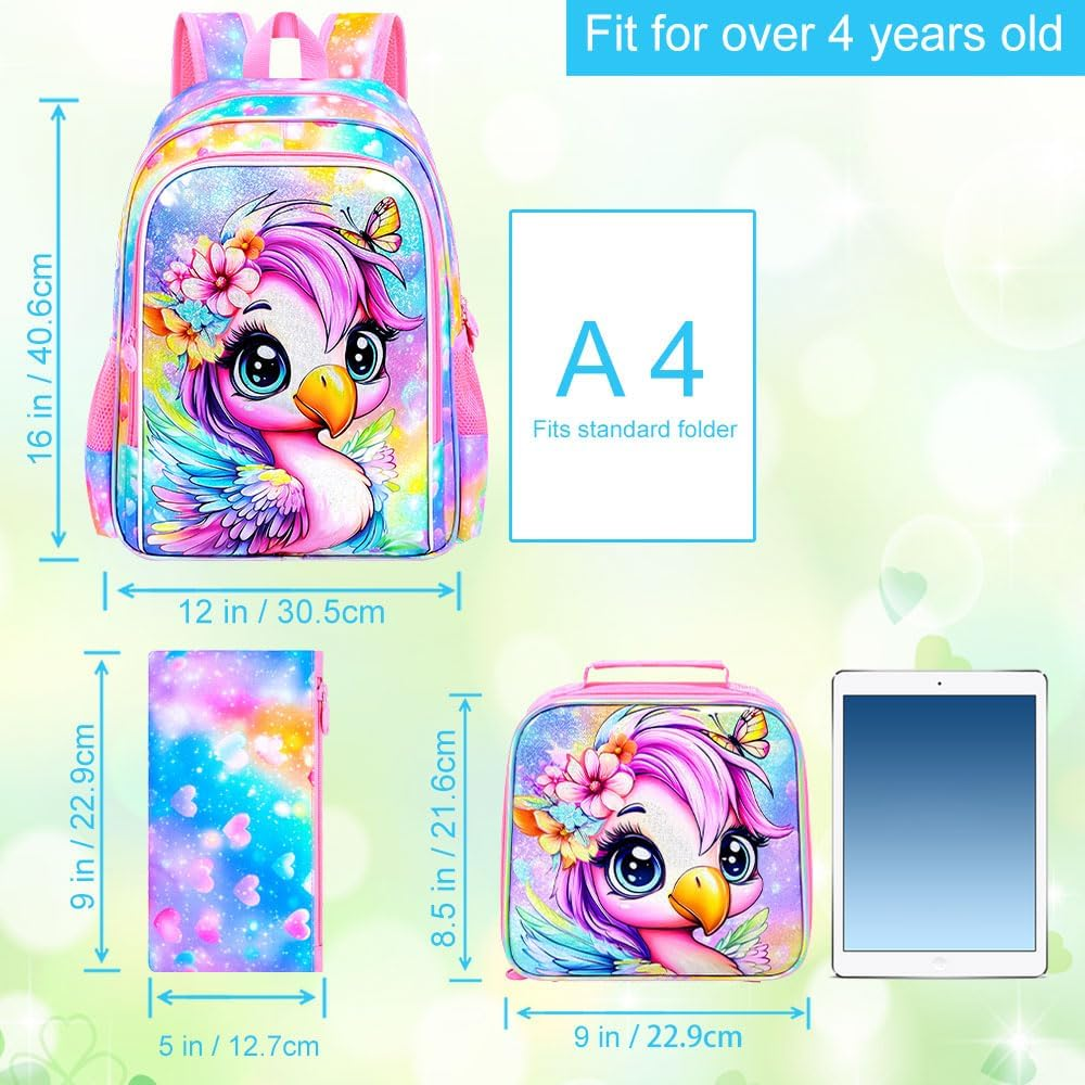 ZLYERT 3Pcs Flamingos Backpack for Girls, 16" Kids School Backpacks with Lunch Box, Bookbag for Elementary Preschool Kindergarten (Pink)