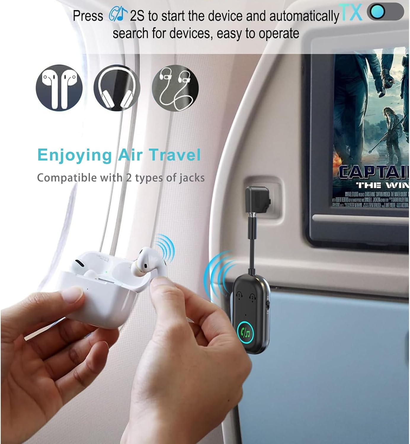Airplane Bluetooth Transmitter, 2-In-1 Bluetooth 5.3 Transmitter Adapter for Airpods or Headphones Dual Pairs, 3.5Mm AUX Jack Wireless Audio Receiver for Flight, TV, Treadmill, Gaming Devices image number 5