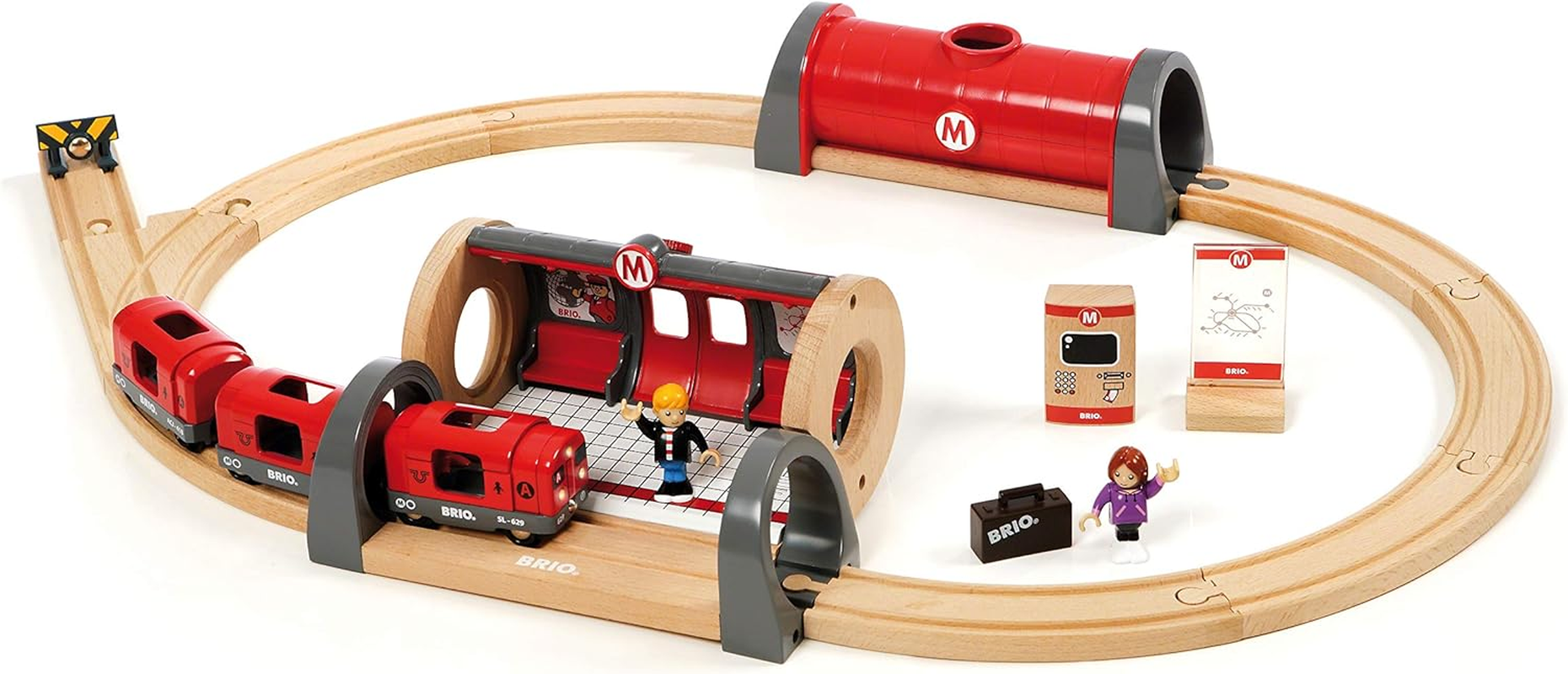 BRIO World 33513 Metro Railway Train Set - 20-Piece Wooden Set with Light & Sound, Tunnel, & Figures for Kids Ages 3+ image number 6