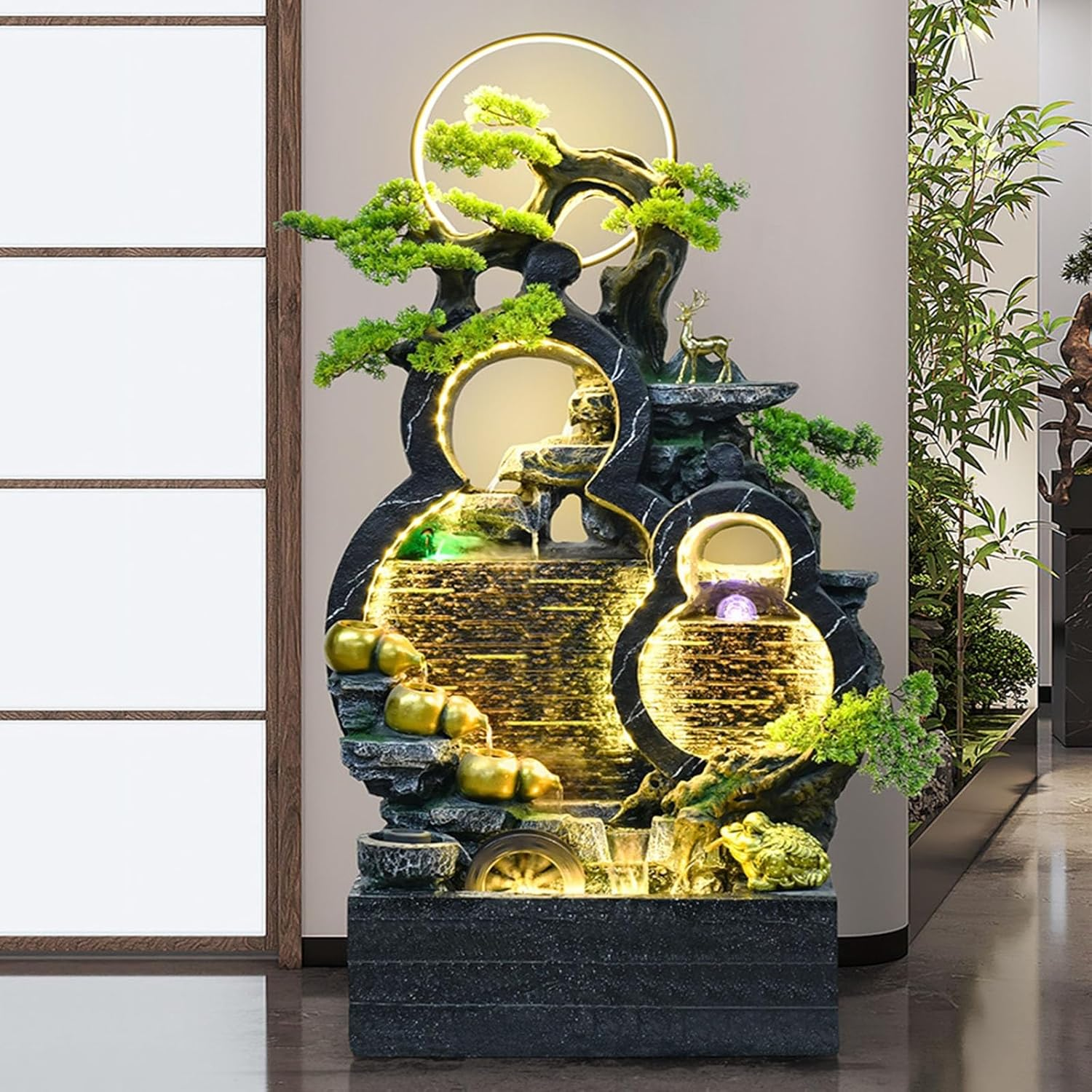 Outdoor Fountain Floor Standing Gourd Water Fountain, Indoor Freestanding with Mist, LED Lights and Simulated Greenery, Feng Shui Office Home Decor for Good Luck Wealth(Black) - White image number 2