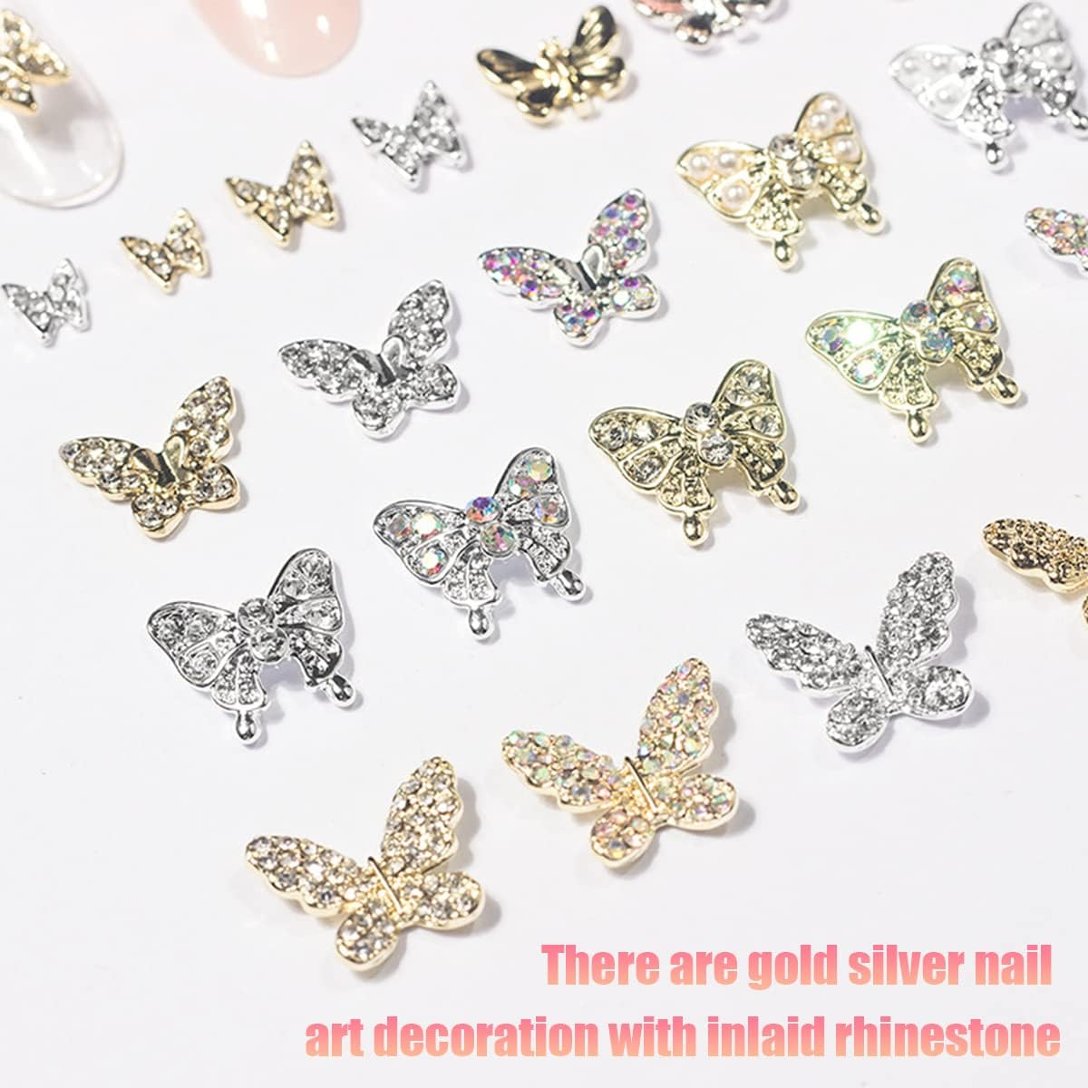 Butterfly Nail Charms,22Pcs Mixed 3D Metal Butterfly Nail Rhinestones Charms,Shiny Nail Gems Jewels Studs for Nail Art Design Decorations DIY Crafts Gold Silver image number 1