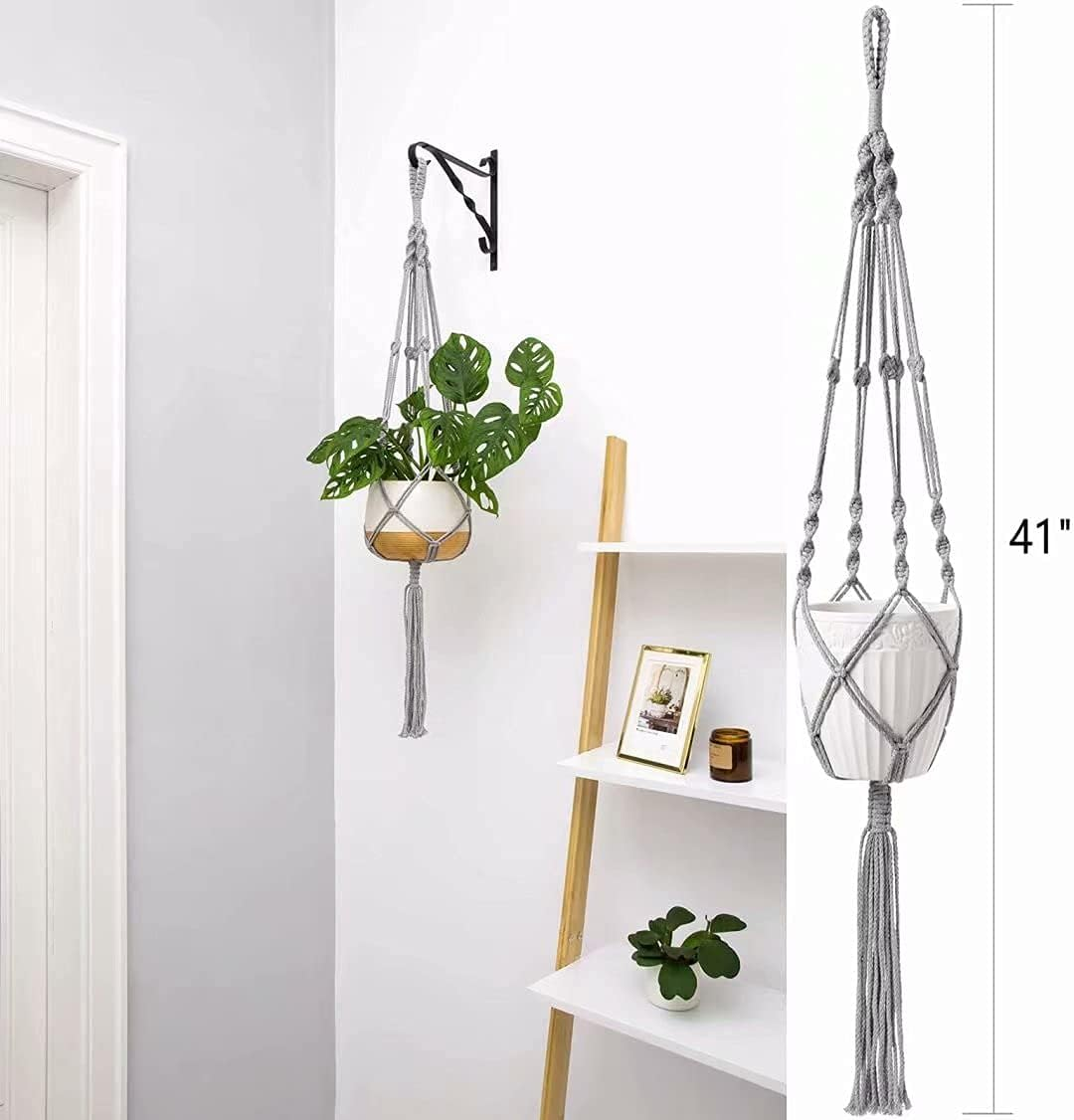 Macrame Plant Hanger 3 Pack Indoor Outdoor Hanging Planter Basket Rope 41 Inch Wall Hanging Planters Basket Cotton Rope No Beaded Tassel Ceiling Plant Hanger with 6 Hooks Boho Home Terrace Decor -Grey image number 6