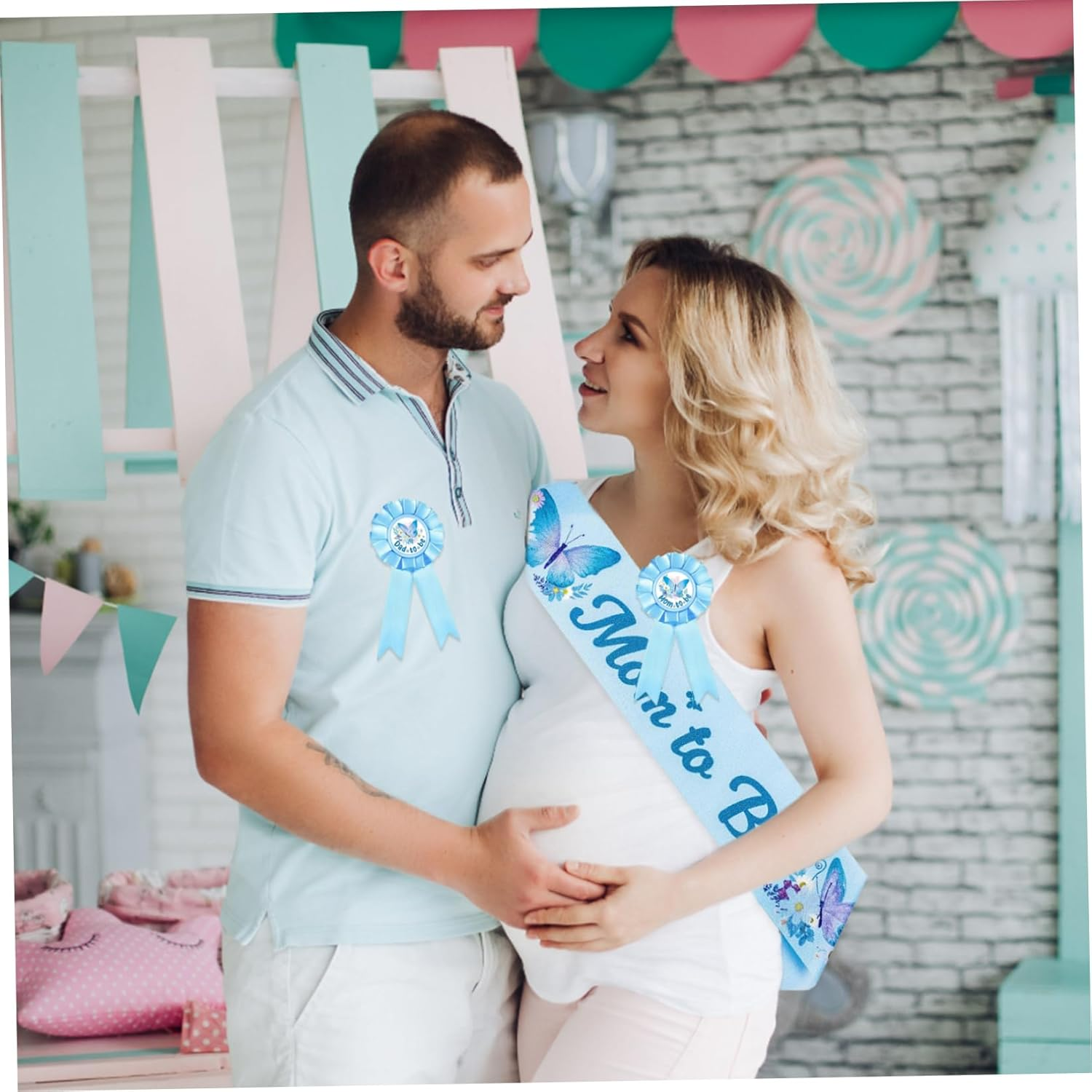 1 Set Baby Shower Sash for Mommy Badge Cute Blue Pin Flower Crown Headband Baby Shower Decorations for Pregnancy Props Keepsake Gifts Sash image number 3