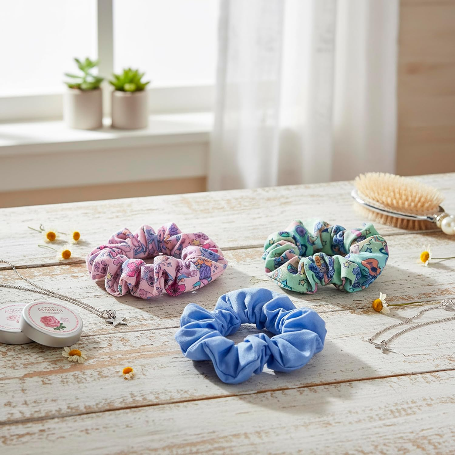 Disney Stitch Hair Scrunchies for Girls and Women, Non-Slip and Soft Ponytail Holder - 3 Scrunchies Set (2 Printed, 1 Solid Colour) image number 5