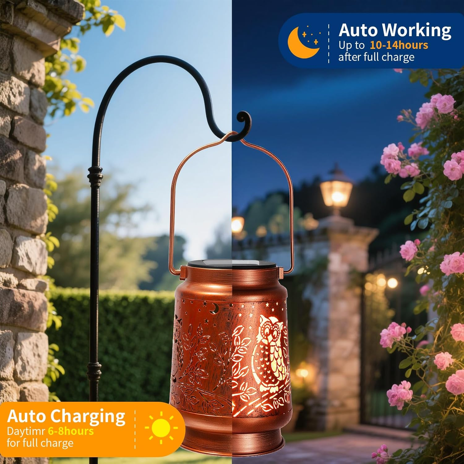 YWYELED Outdoor Solar Lanterns Waterproof - Metal Hanging Solar Lights Outdoor Decorative, Solar Powered LED Lantern Lamp for Patio Yard Garden Decor for outside (1 Pack, Owl Shape) image number 1