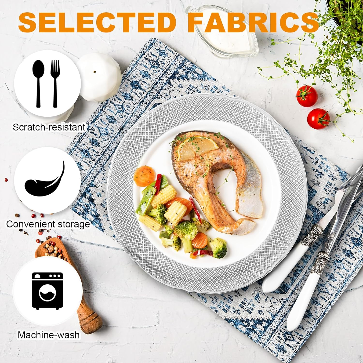 ZSYTZL Placemats Set of 4 Washable Durable Table Placemats for Dining Table Mat,Boho Pattern Kitchen Table Mats Heat-Resistant Decor Place Mats for Dining Tables Home Party Indoor-White Blue image number 2