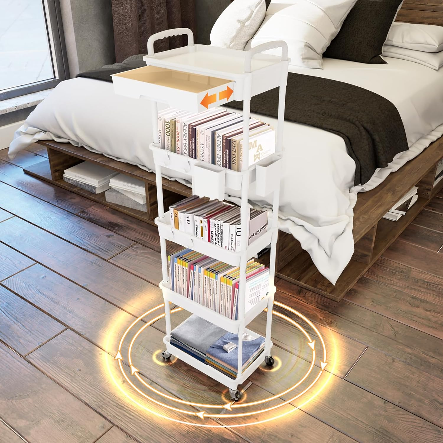 5 Tier Rolling Utility Cart with Drawer,Rebecat Utility Cart Made of Multifunctional Storage Organizer Tool for Kitchen,Bathroom,Living Room,Office(White)