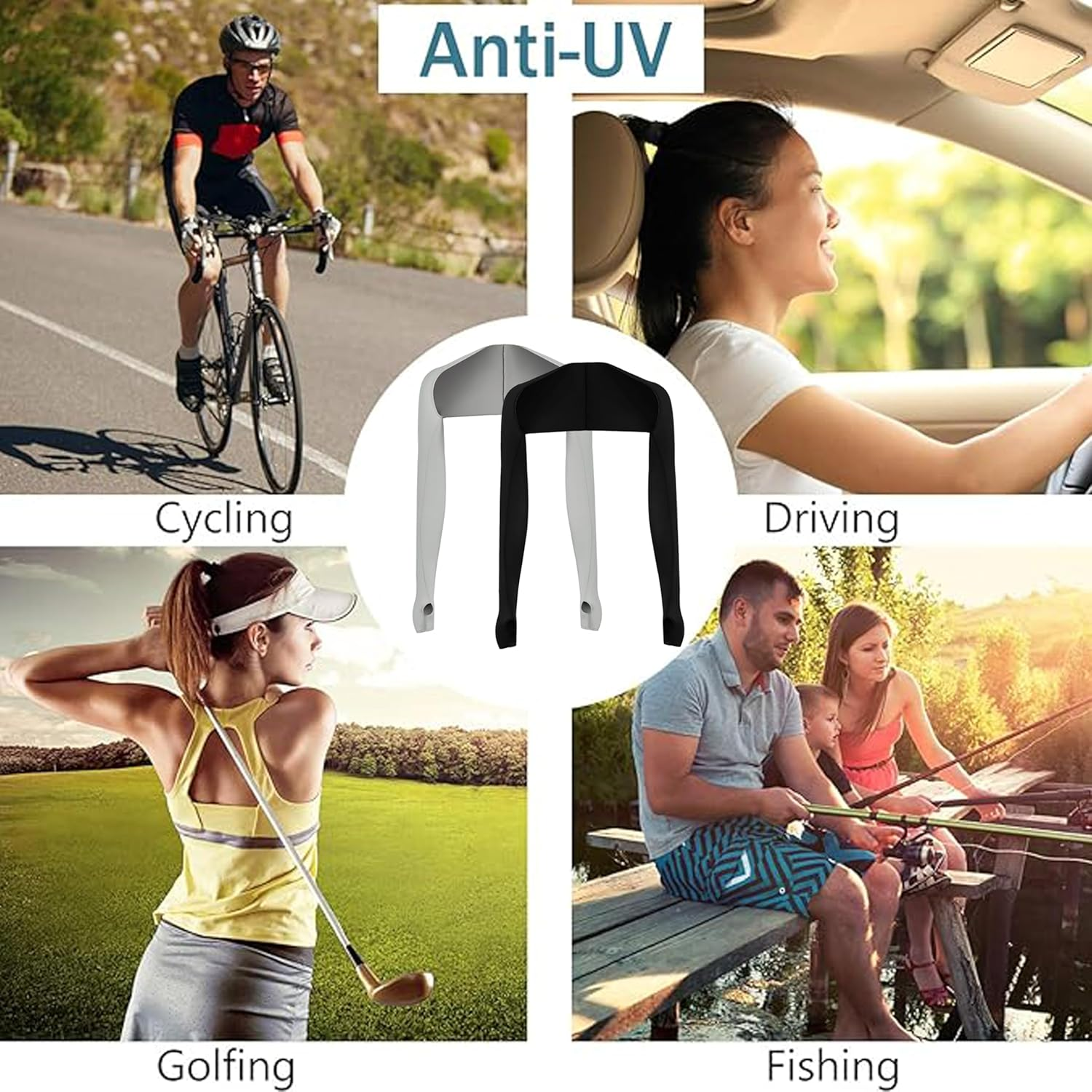 2Pcs Cooling Shawl Arm Sleeves,Cooling Sleeves Shawl Arm Covers,With Finger Holes UV Protection Arm Covers for Women Men Outdoor Sports,Golf,Outdoor Riding,Driving,Fishing, Black, Grey, Other image number 3