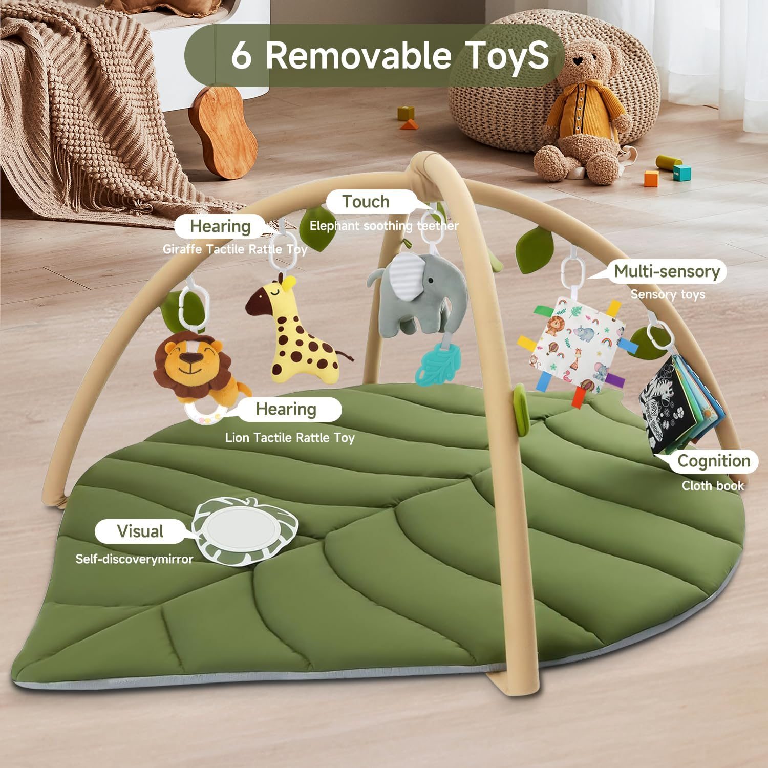 Baby Play Gym Baby Play Mat, Leaf Shaped Baby Mat with 6 Detachable Toys, Tummy Time Mat High Contrast Toys & Self-Discovery Mirror