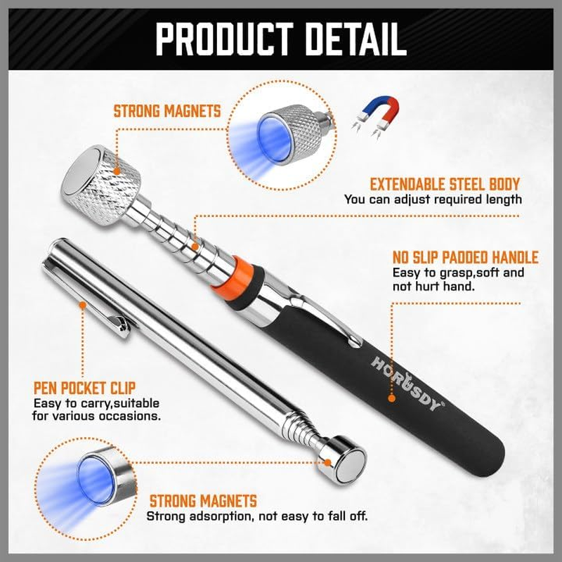 HORUSDY 5-Piece Magnetic Pickup Tools Set, Includes 15LB, 10LB, 3LB, 1.5LB Magnet Sticks, Rust-Proof Magnetic Tray, Telescoping Design for Mechanics, Automotive, DIY, Gifts for Men, Dad image number 2