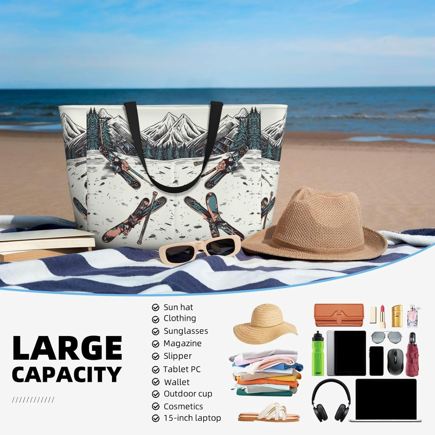 GDSHJKLW Beach Bags for Women Large Waterproof Sandproof Beach Tote Bag Lightweight Zipper Carry on Bag Skiing with Gear Set Pool Bag for Gym Travel Vocation, Black, One Size image number 5