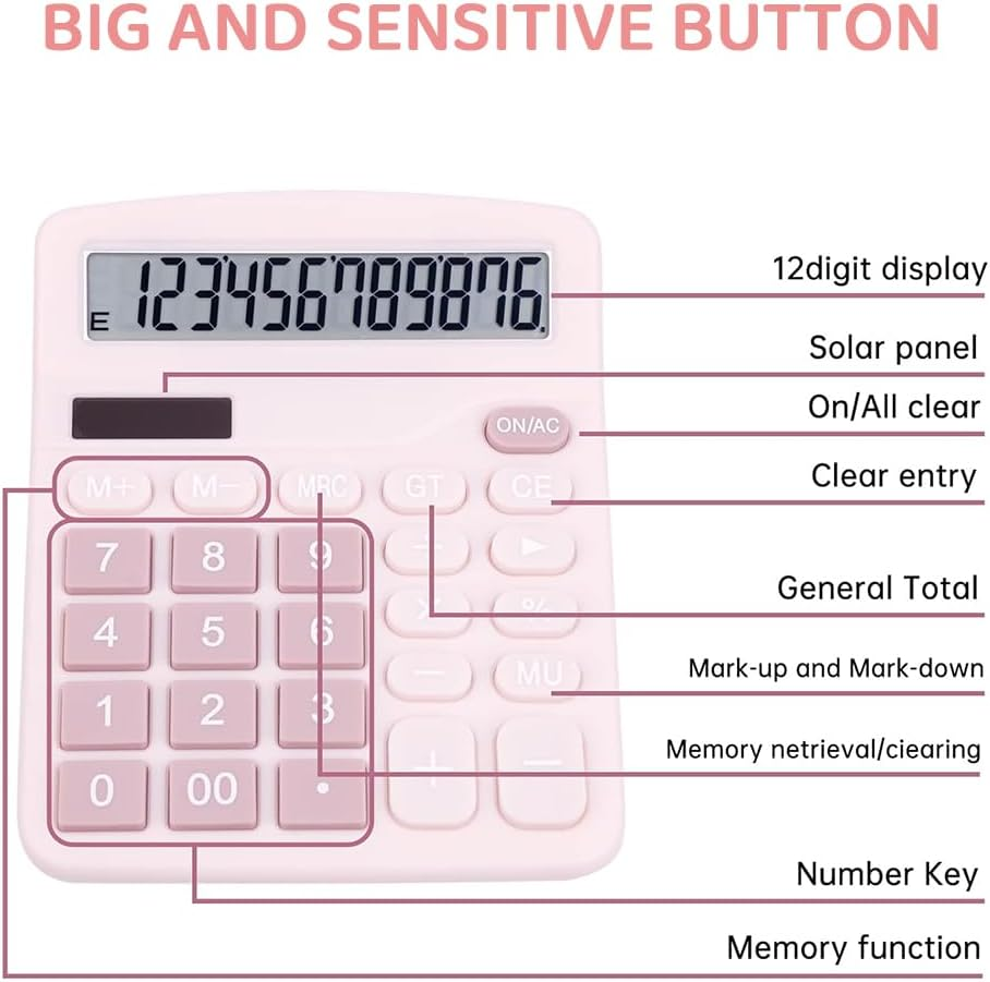 2-Pack Desktop Calculators &ndash; Dual Power Solar & AA Battery, 12-Digit Large LCD Display, Sensitive Buttons &ndash; Perfect for Office, School, Home Use (1 Blue & 1 Pink) image number 1