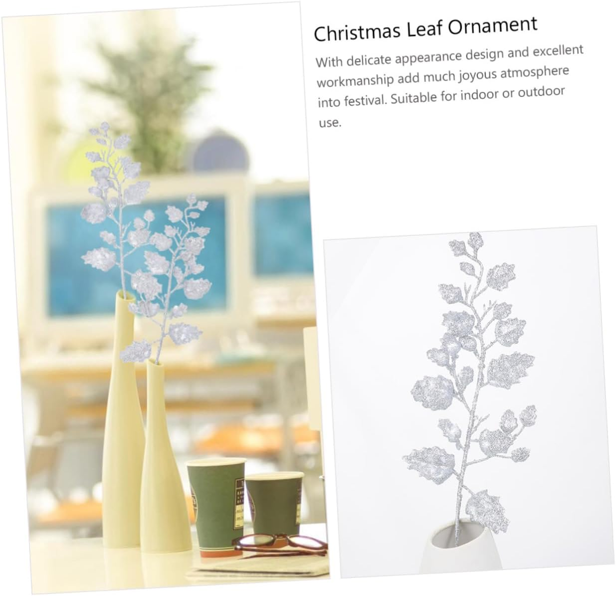 Christmas Glitter Leaves Faux Leaf Ornaments 10Pcs Holiday Decoration Home Party image number 4