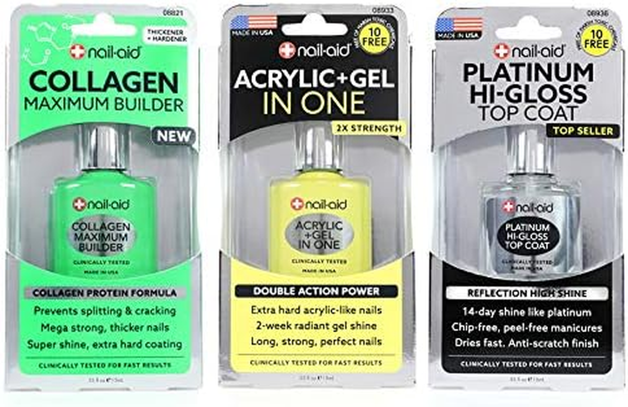 Nail-Aid 3Pk of Collagen Base + Acrylic Gel in 1 + Platinum Top Coat, Clear, N/A, 1.65 Fl Ounce