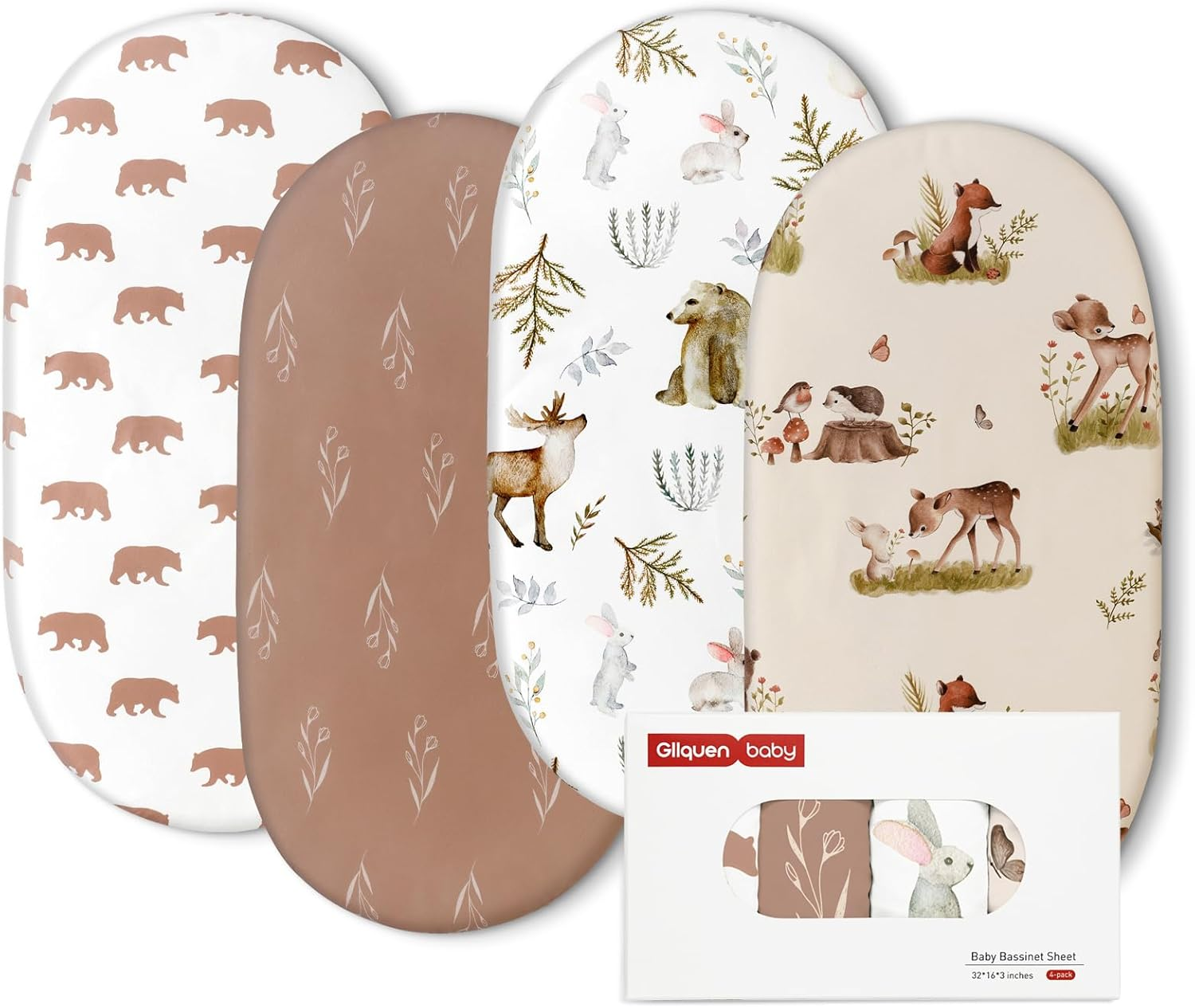 Gllquen Baby Bassinet Sheets 4 Pack, Breathable Cozy Fitted Mattress Sheet, Elastic Travel Crib Fashionable Floral Pattern, Standard Cradle Safe Sheets for Baby Boy Girls 32"X16"(Rainbow)