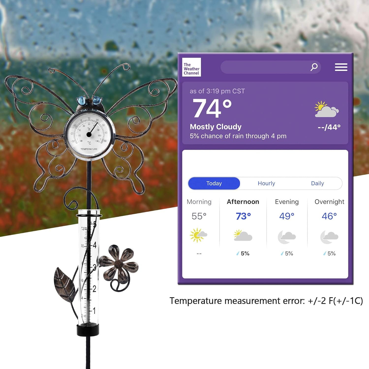 Juegoal 31.5 Inch Rain Gauge with Thermometer, Butterfly & Owl Garden Stakes Decor, Waterproof Rustproof Metal Yard Art Outdoor Lawn Pathway Patio Decorations, Set of 2 image number 1