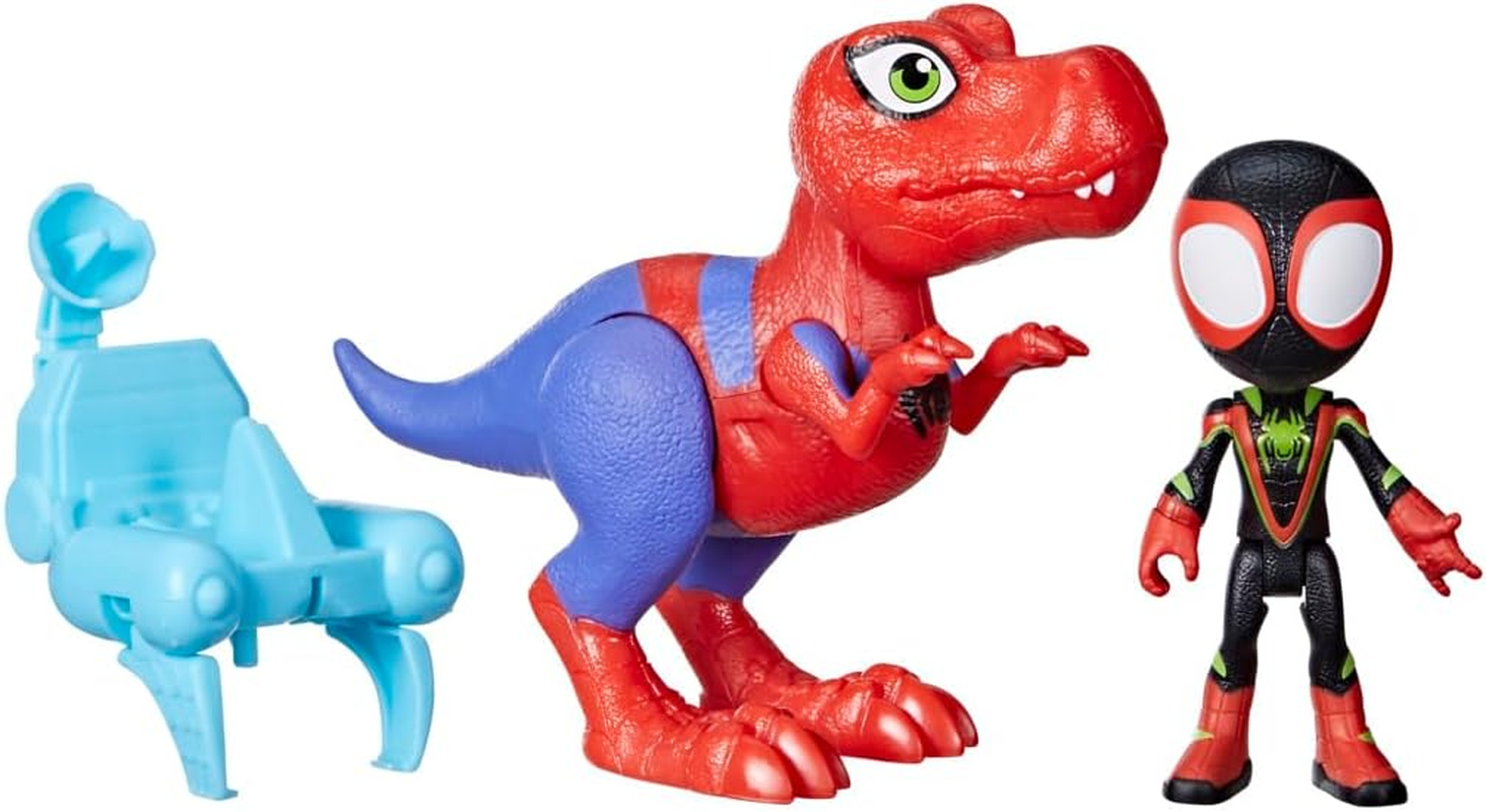 Marvel Spidey and His Amazing Friends Dino-Webs Spidey-Rex & Miles &ldquo;Spin&rdquo; Morales 4-Inch-Scale (10Cm) Spider-Man Action Figure Set, Toys for Kids