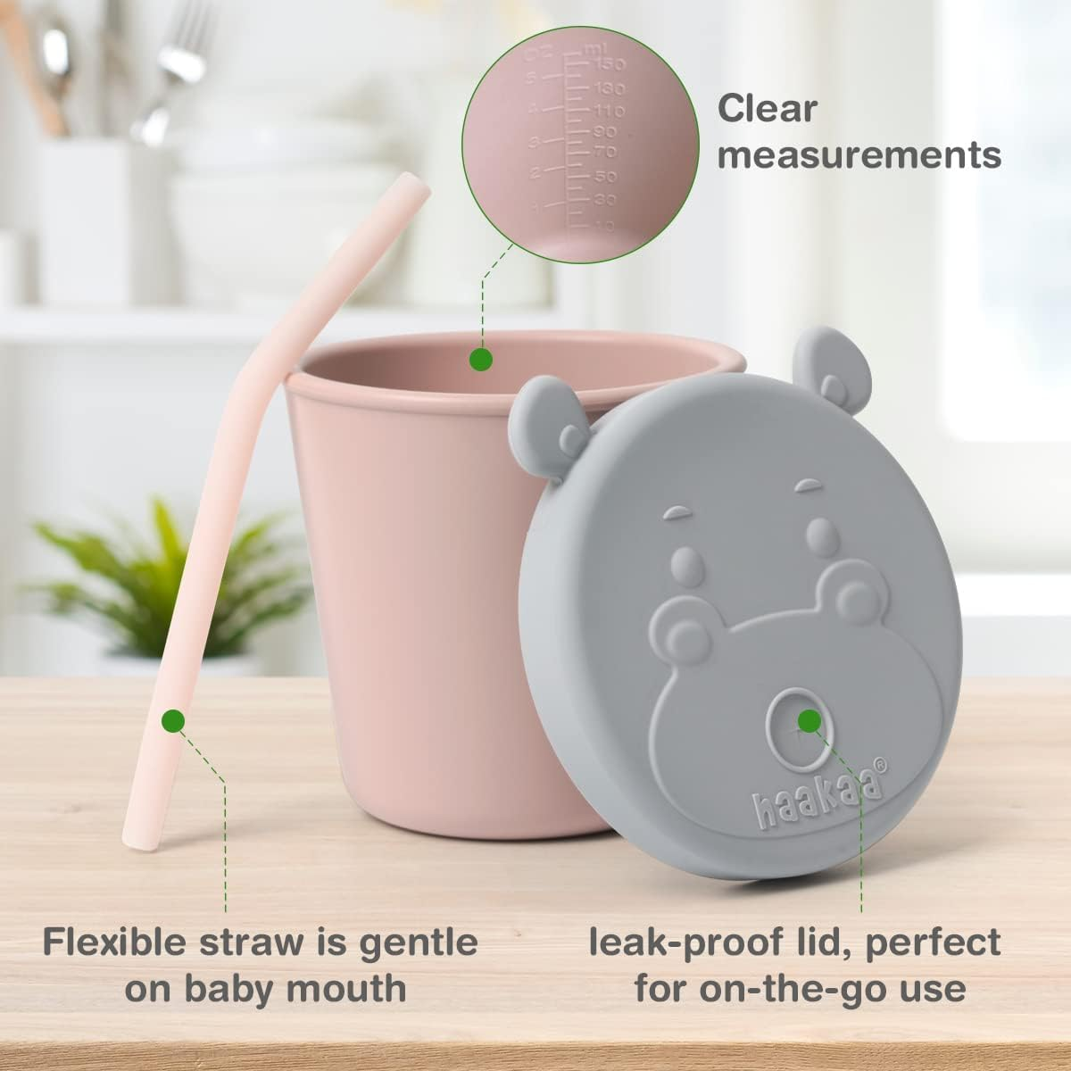 Haakaa Jolly Hippo Baby Straw Cup, Food Grade Silicone Baby Training Sippy Cups for Infant 6+ Months, BPA Free First Open Cup & Snack Container for Toddlers, 5Oz (Blush) image number 5