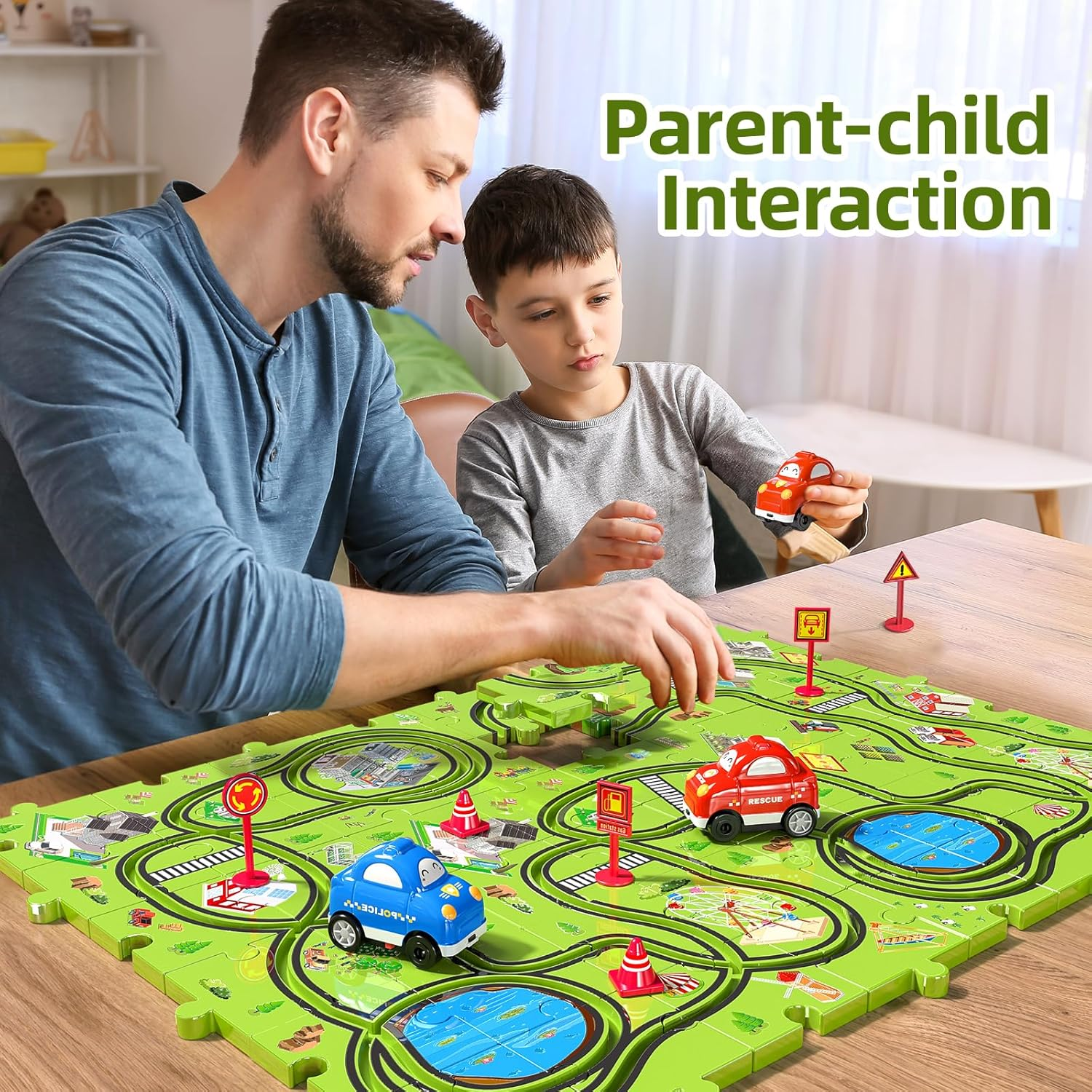 JUKUDAHU 48 Pieces Puzzle Race Track Car Set Toys for 3 4 5 6 Year Old Boys, City Themed Playset for Kids Ages 3-5 with 2 Small Toy Cars, Indoor Boys Girls Birthday Gifts for Toddlers 1-3 3-5 4-8 image number 6