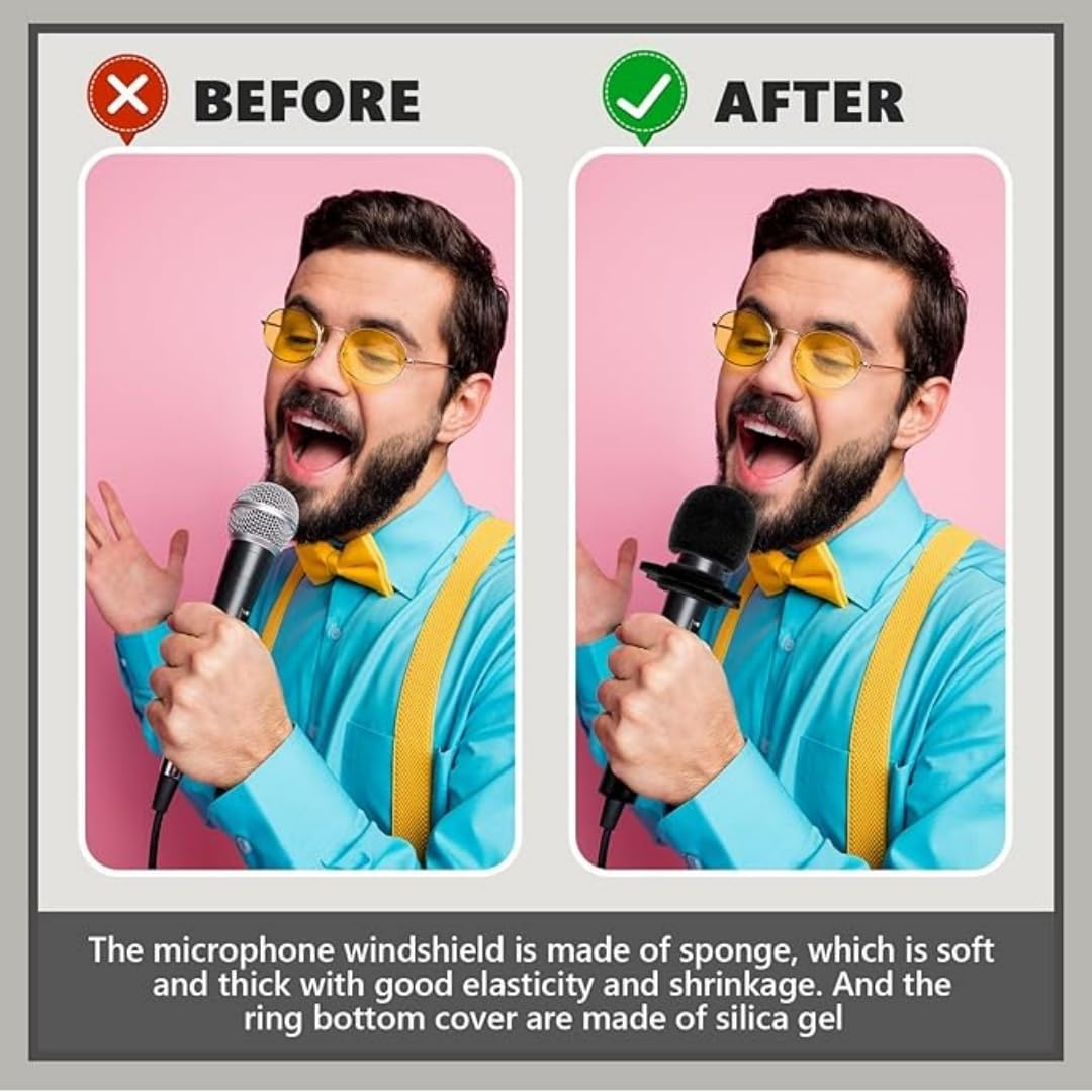 8 Set Microphone Windscreen Foam Covers, Shakeproof Anti-Rolling Mic Protection Silicone Ring, Wireless Handheld Microphone Bottom Rod Sleeve Holder, for KTV, Recording Studio (Black)