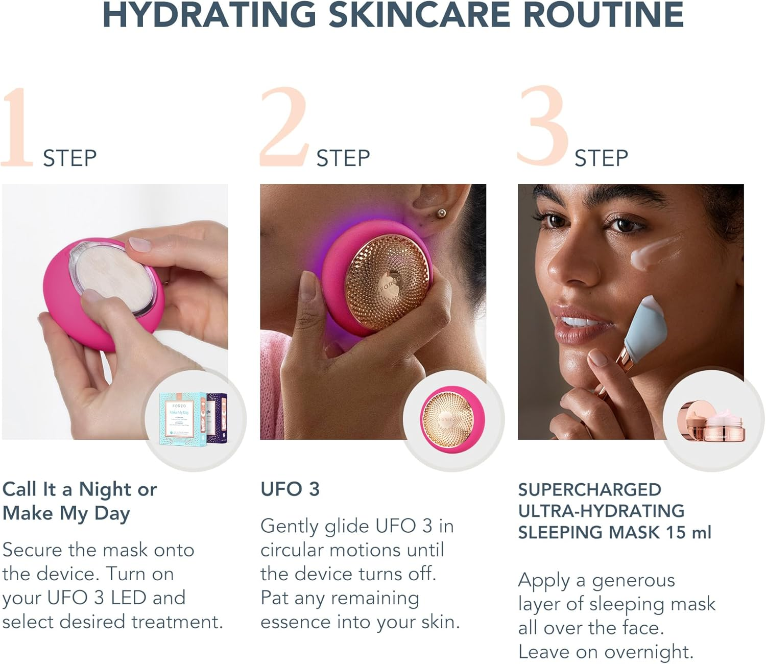 FOREO Hyper Hydra UFO 3 Bundle - Face Moisturiser Device + 14 UFO Activated Masks + Hydrating Night Mask, 15 Ml - Red Light Therapy, Thermo & Cryo Therapy, T-Sonic Massage - anti Aging Skin Care