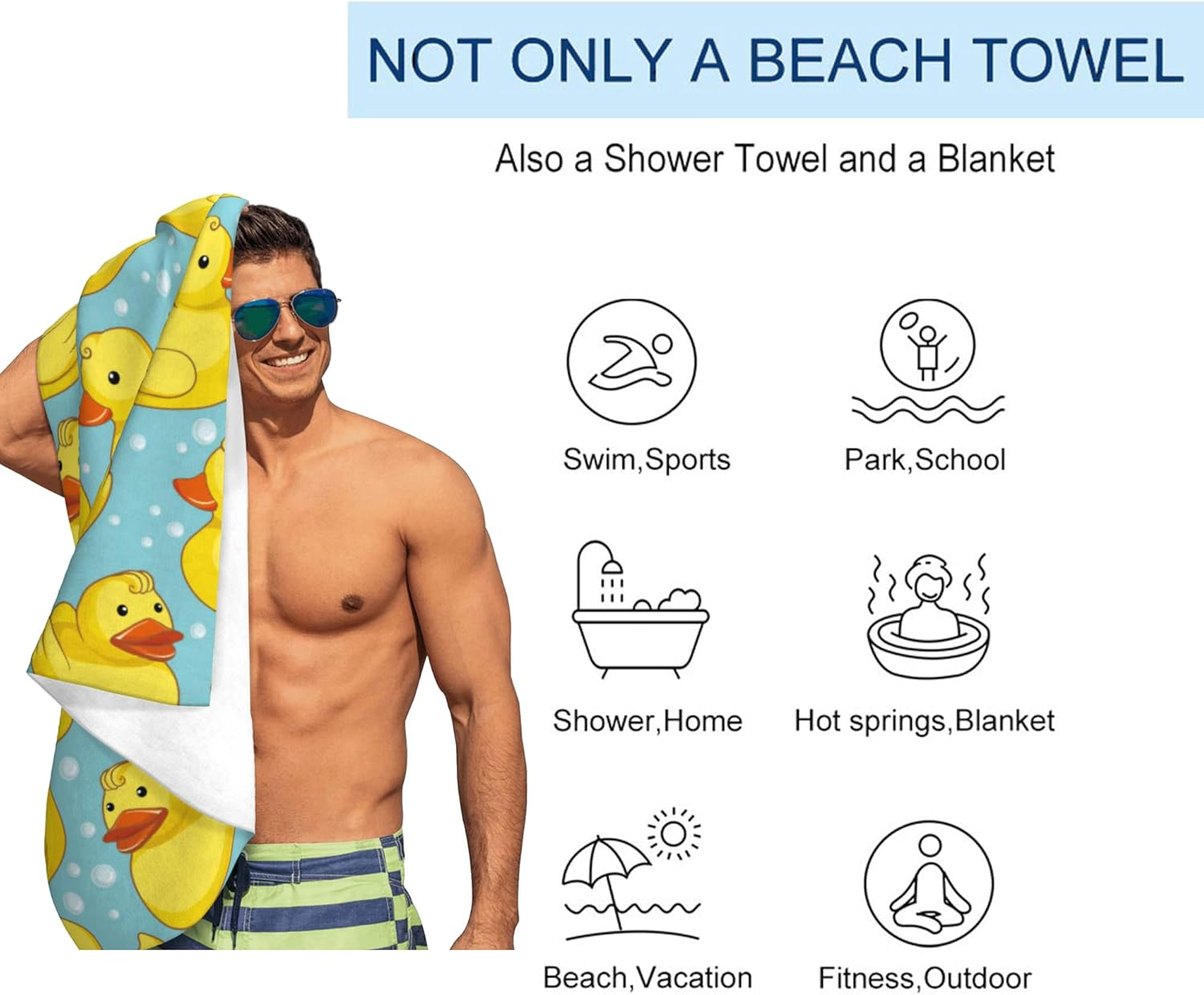 HUIANBPO Cute Cartoon Rubber Ducky Print Microfiber Beach Towel 32X52Inch,Large Bath Towels for Kids and Adults - Quick Dry Absorbent Sand Free Towel for Bathroom,Pool,Shower,Travel,Sport image number 4