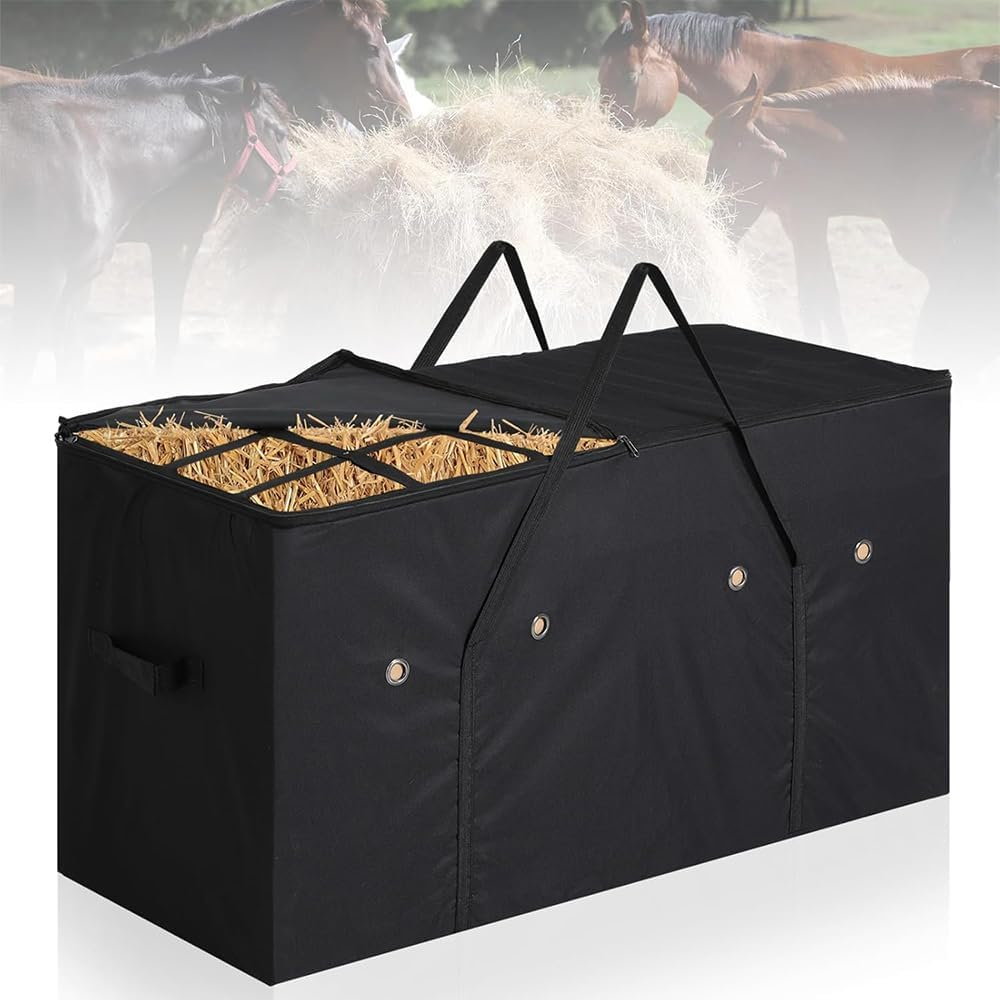 Large Hay Bale Storage Bag,Top Slow Feeder Belt Design,Foldable and Portable,With Zipper,Carry Handles,Heavy Duty Tote Container,For Horses,Goats,Sheep,Donkeys,Barn and Stable image number 4