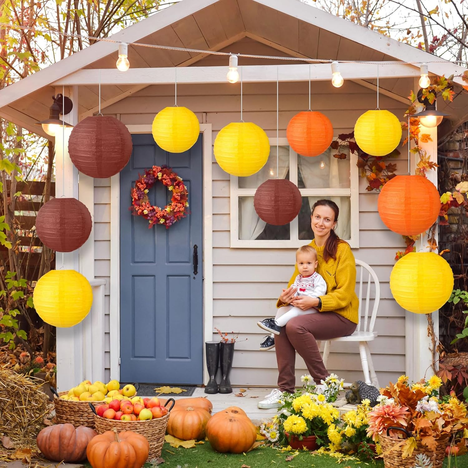 Chuangdi 12 Pcs Fall Paper Lanterns Yellow Orange Brown Thanksgiving Party Paper Lanterns Family Reunion Decorations Autumn Decorative round Hanging Party Decorations for Harvest Indoor Outdoor image number 3