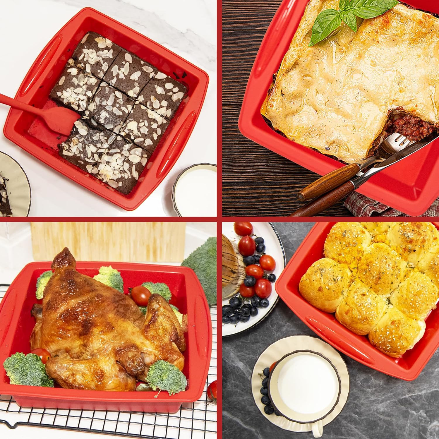 Mlying Silicone Brownie Baking Mould 20 X 20 Cm, Pack of 2 Brownie Moulds Square with Handles, Non-Stick Baking Moulds, Silicone Moulds for Baking Brownies (Square, 2 Pieces, 20 Cm) image number 1