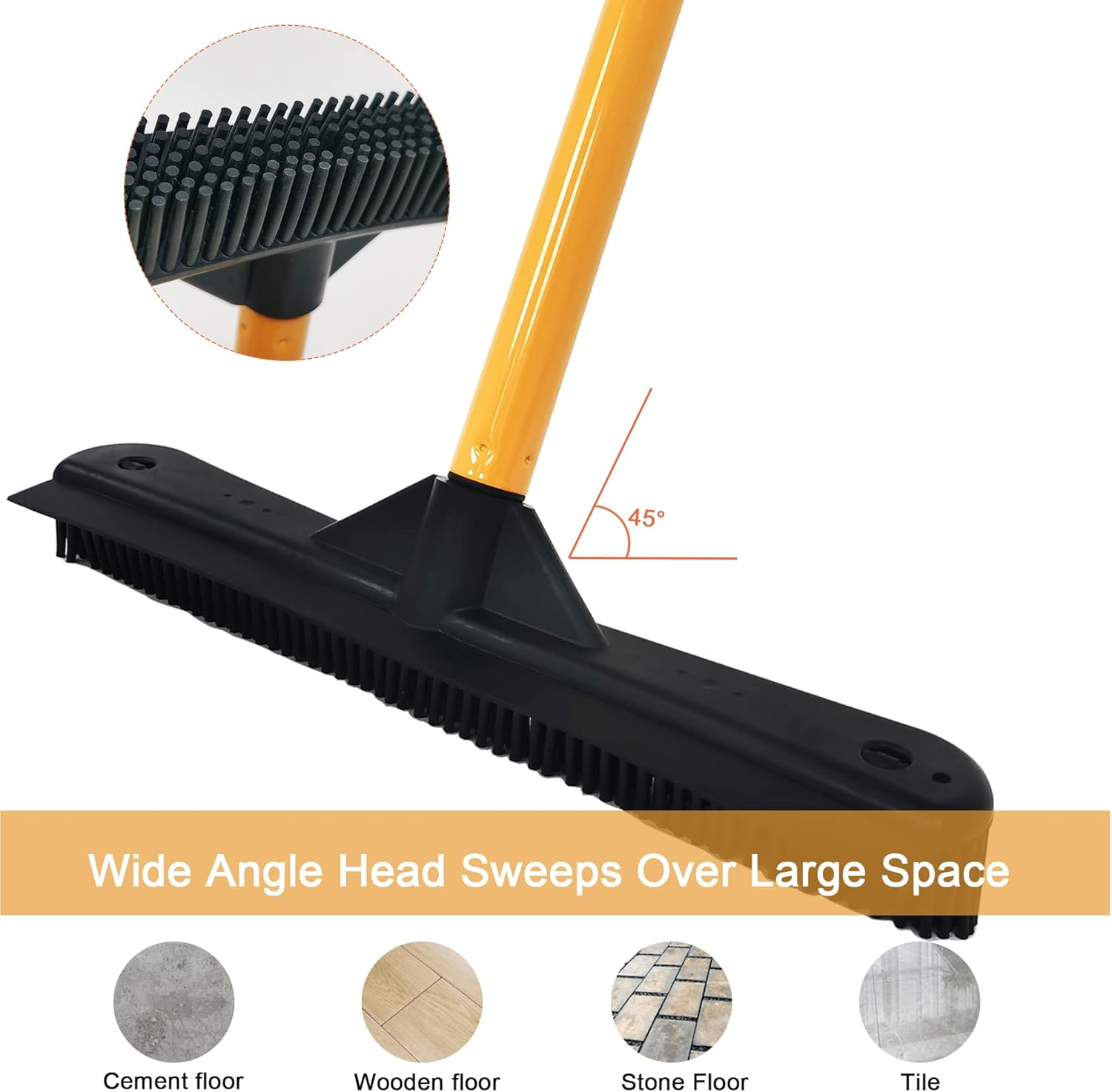 Push Broom,Pet Hair Removal Broom with Squeegee,Soft Silicone Bristle Broom with Long Handle,Non Scratch Carpet Sweeper Brush for Cat Dog Hair Hardwood(Orange) Extra Long for Tall People image number 4