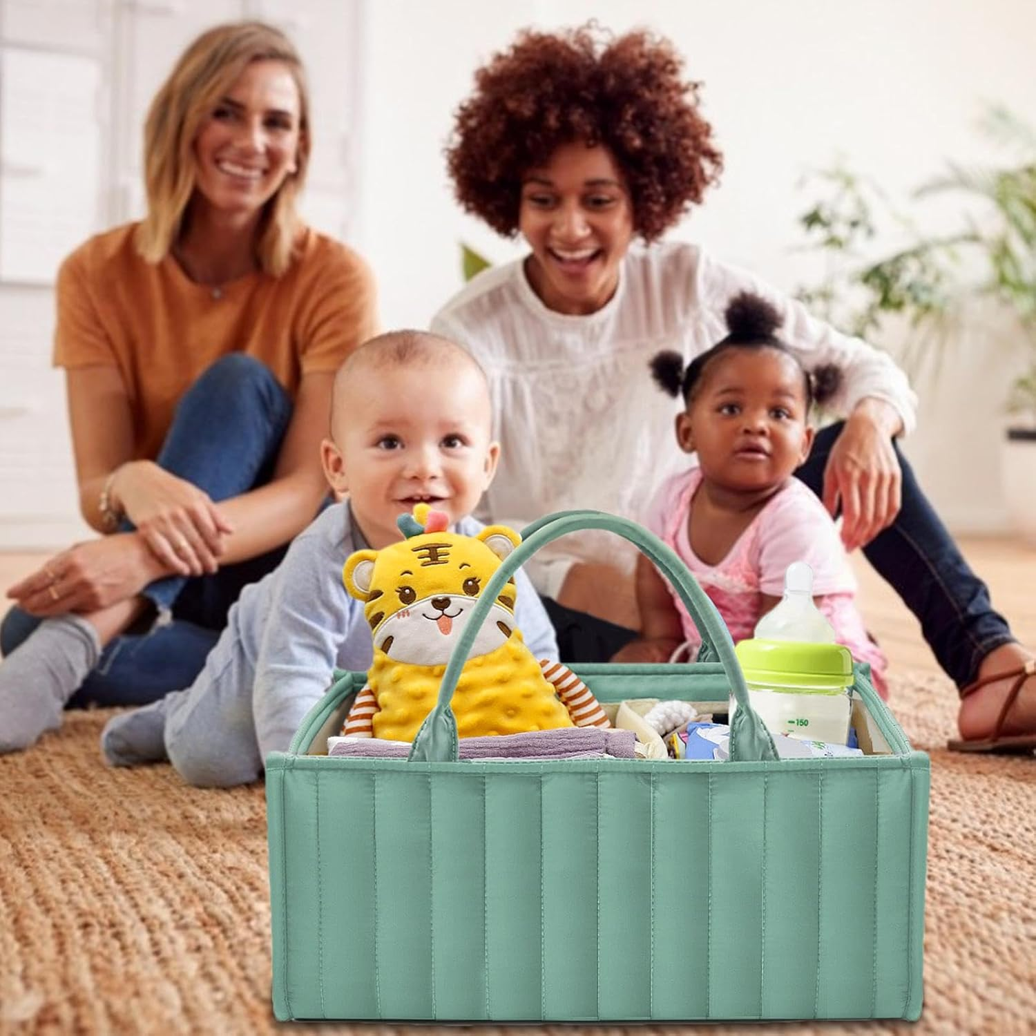 Diaper Organizer Bag, Foldable Diaper Basket, Nursery Storage Bag, with Spacious and Large Capacity, Foldable and Compact Design, 38X25X17Cm, Green, for Bibs, Towel, Toys, Books image number 6