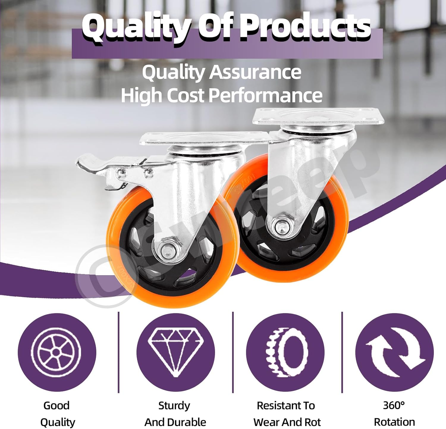 Swpeet 53Pcs 1.5 Inch Swivel Plate Casters Wheels, Heavy Duty Casters 2 with Brakes 2 without Brakes, Safety Dual Locking Casters with Wrench Screws, No Noise Polyurethane Wheels Casters for Furniture image number 2