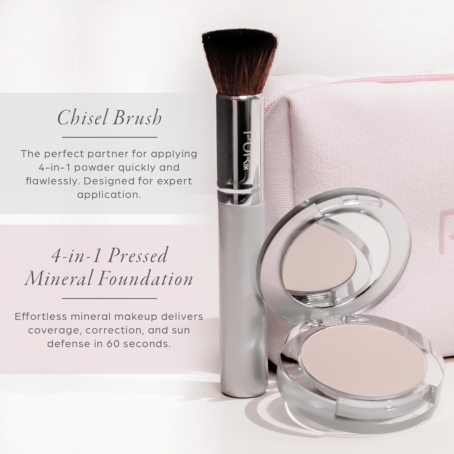 P&Uuml;R Minerals Multitasking Essentials Kit, Blush Medium - Makeup Gift Set Includes 4-In-1 Correcting Primer, Fully Charged Mascara, 4-In-1 Pressed Mineral Powder & 1 Chisel Brush