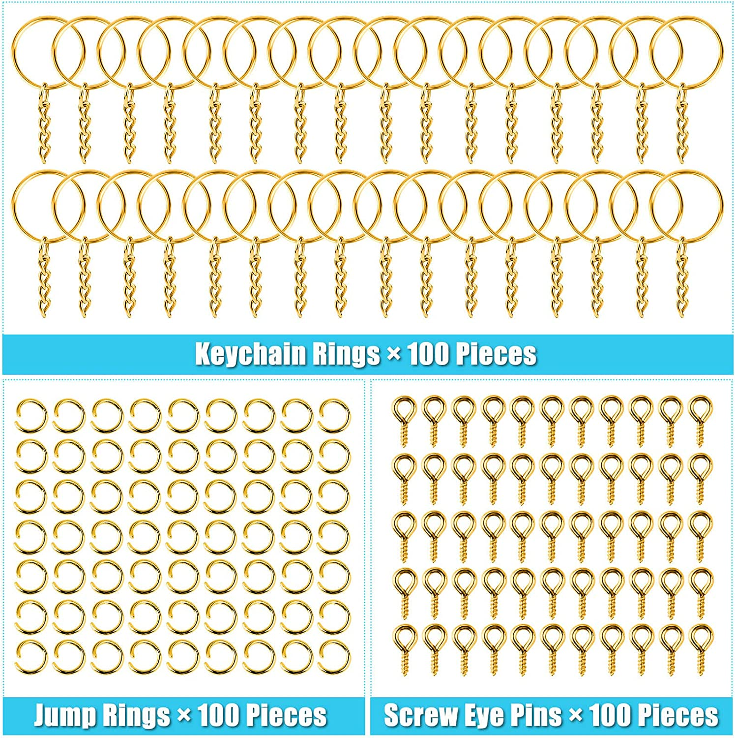 Keychain Rings Kit for Crafts Gold, PAXCOO Includes 100Pcs Split Key Ring with Chain, 100Pcs Jump Rings and 100Pcs Screw Eye Pins for Resin Keychain Making - Argent&eacute;e image number 6