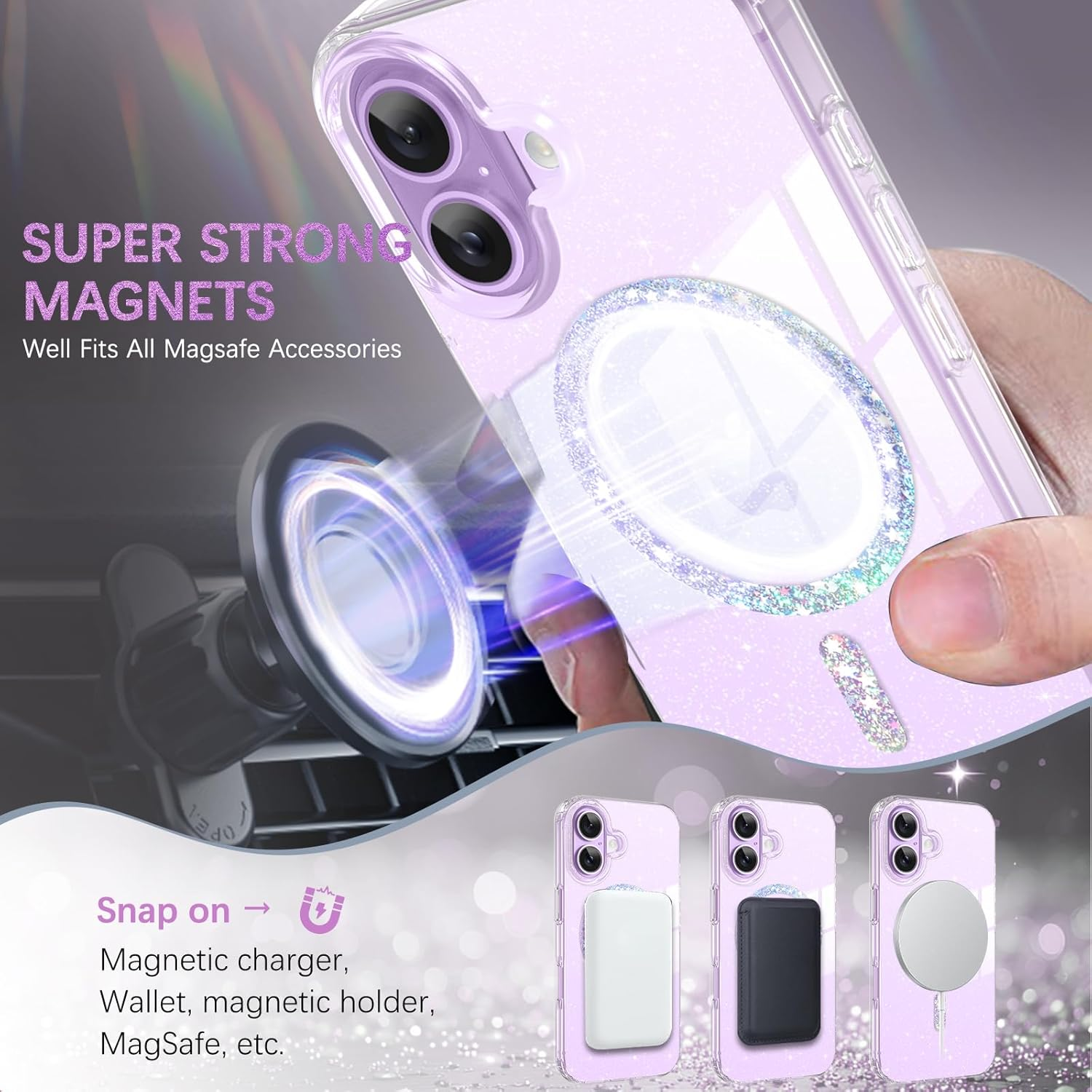 Gaobao Compatible with Iphone 17 6.3 Inch, Magnetic Glitter Case Compatible with Magsafe, Clear Cute Bling for Women and Girls, Slim Shiny Shockproof & Protective Sparkly Cover Crystal Clear Glitter image number 6