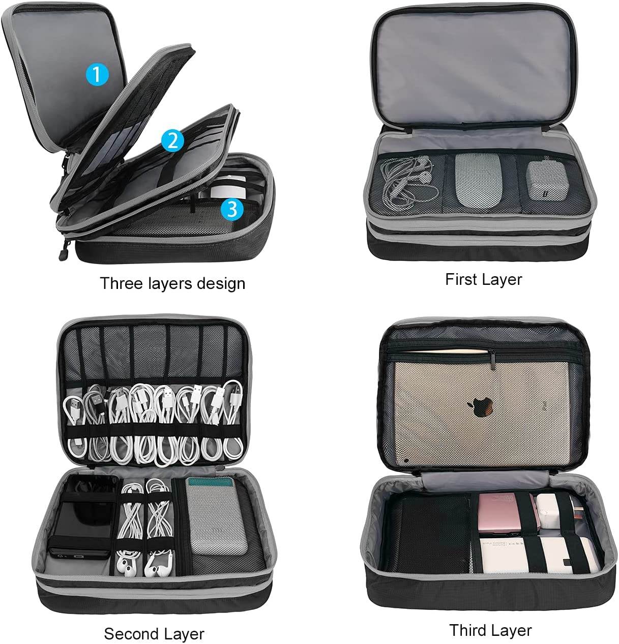 Travel Cable Organizer Bag, 3 Layer X-Large Capacity Electronics Accessories Cord Storage Case Bag for Cables, SD Card,Chargers, Power Bank, Cellphone,Tablet, Black, X-Large