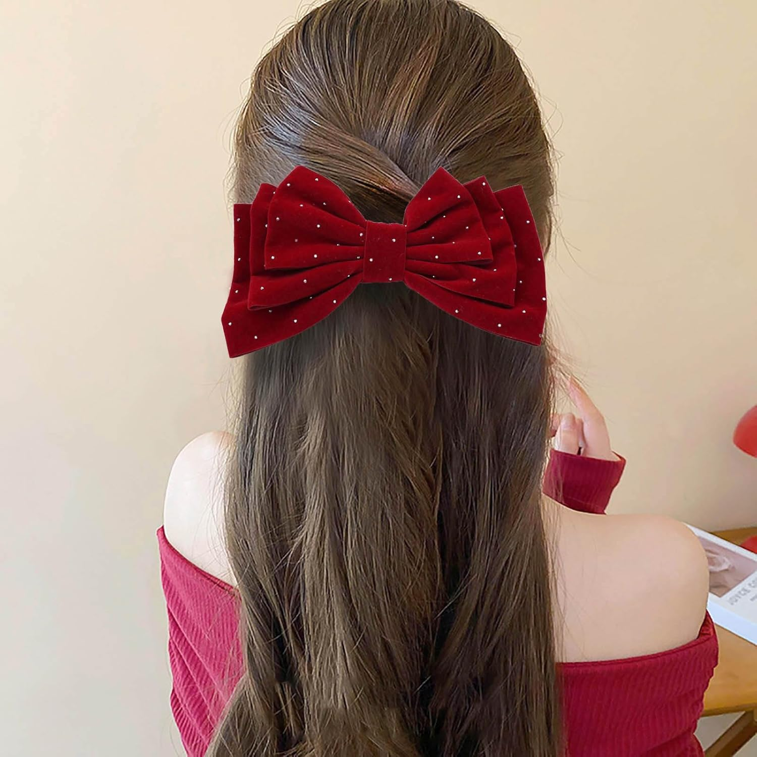 Large Hair Bows for Women Glitter Bow Hair Clips Velvet Bow Clips Cute Hair Bow Clips French Bow Crystal Bows Party Wedding Barrette Bowknot Hair Accessories Red image number 6