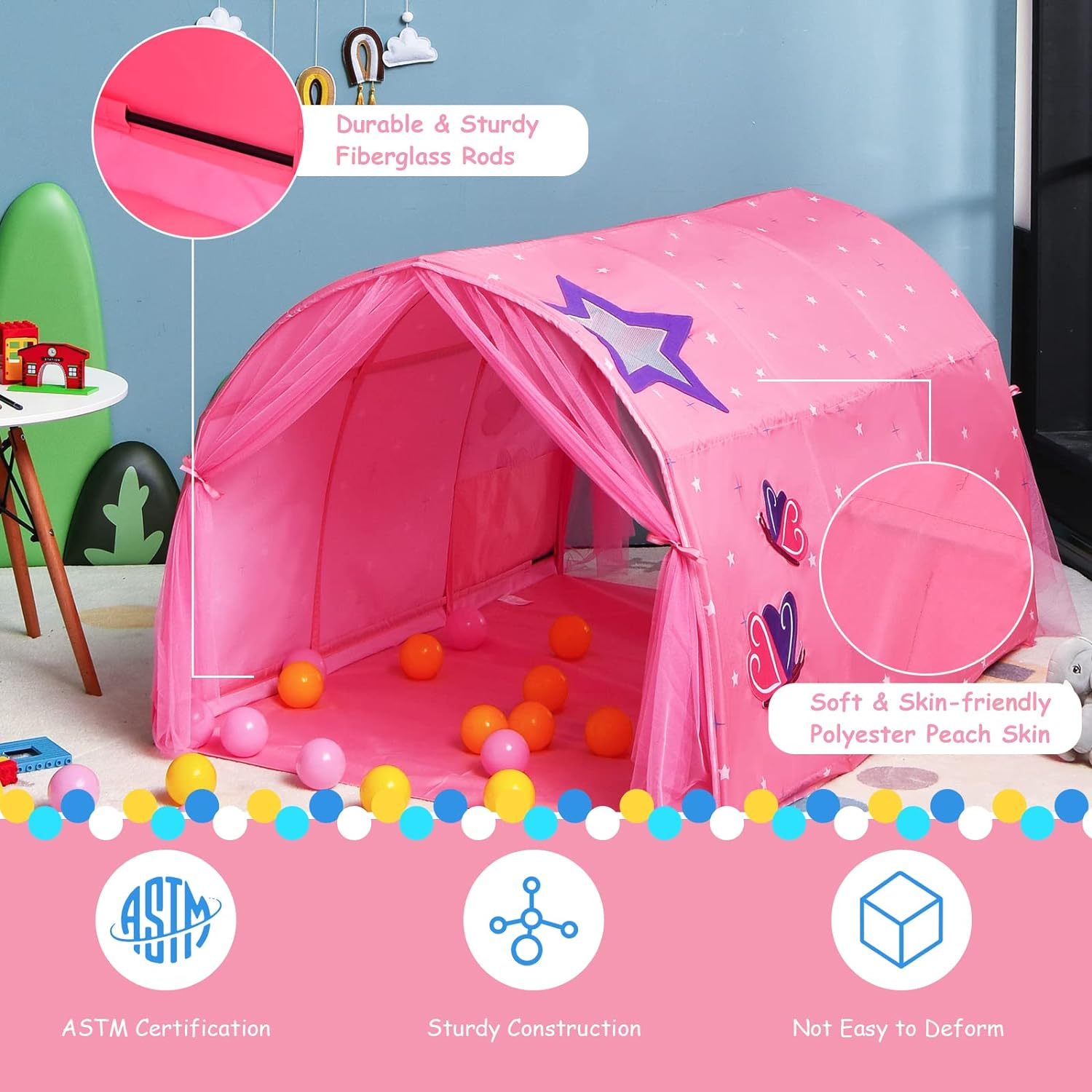 HONEY JOY Kids Play Tent, Portable Bed Tent for Children W/Double Mesh Curtain, Carrying Bag, Bed Tunnel Tent Playhouse for Bedroom, Living Room, Indoor Games, Sleeping Play Tents for Boys Girls, Pink image number 1
