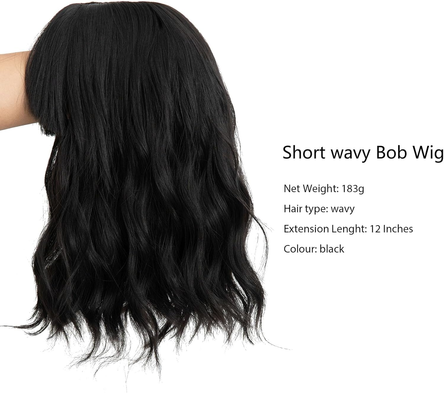 Luxiremi Wigs, Washed Black, 12 Inches, Short, Shoulder Length, Curly, Wavy Bob with Fringe, Synthetic Cosplay Wigs for Women, Carnival image number 1