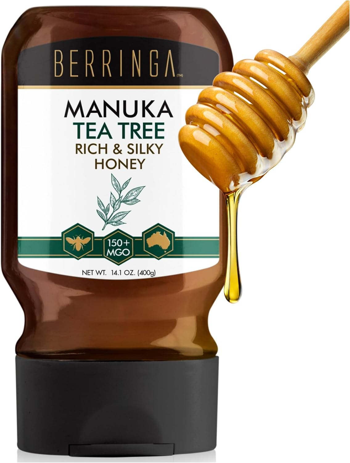 Berringa Tea Tree Manuka Honey Squeeze Bottle - Rich Silky Aromatic Certified Tested MGO 150+ 400G | Raw Unfiltered | Traceable Genuine Local 100% Pure Australian | Non-Gmo Superfood | No Drip Squeezy image number 2