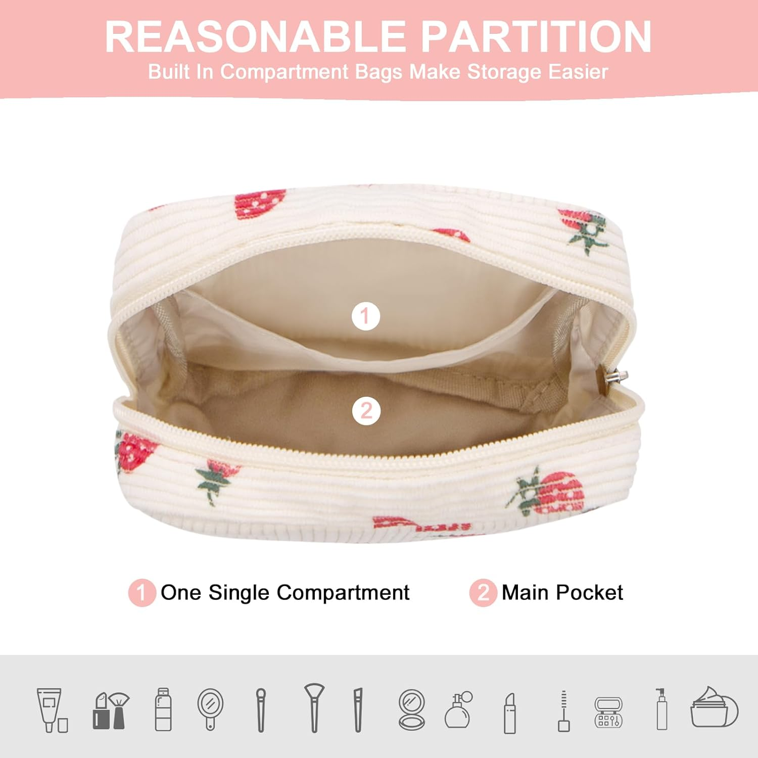 Long Keeper Cosmetic Bag, Small Mini Make-Up Bag, Women'S Corduroy Make-Up Bag, Toiletry Bag, Travel Essentials with Compartments, Travel Makeup, Strawberry, Portable Cosmetic Bag image number 2