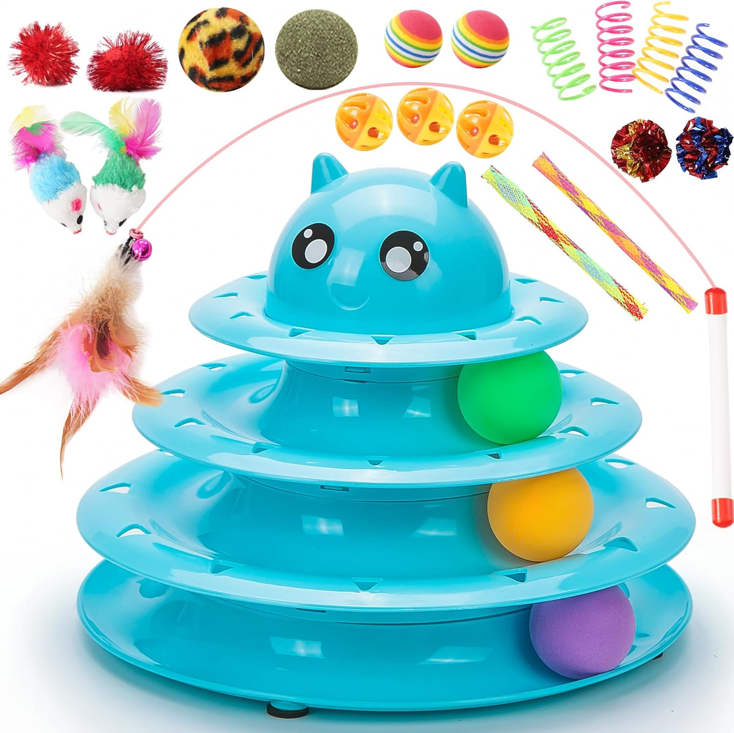 Vealind Pet Interactive Fun Roller Exerciser 3 Level Tower of Tracks Cat Teaser Ball Toy(Pink)