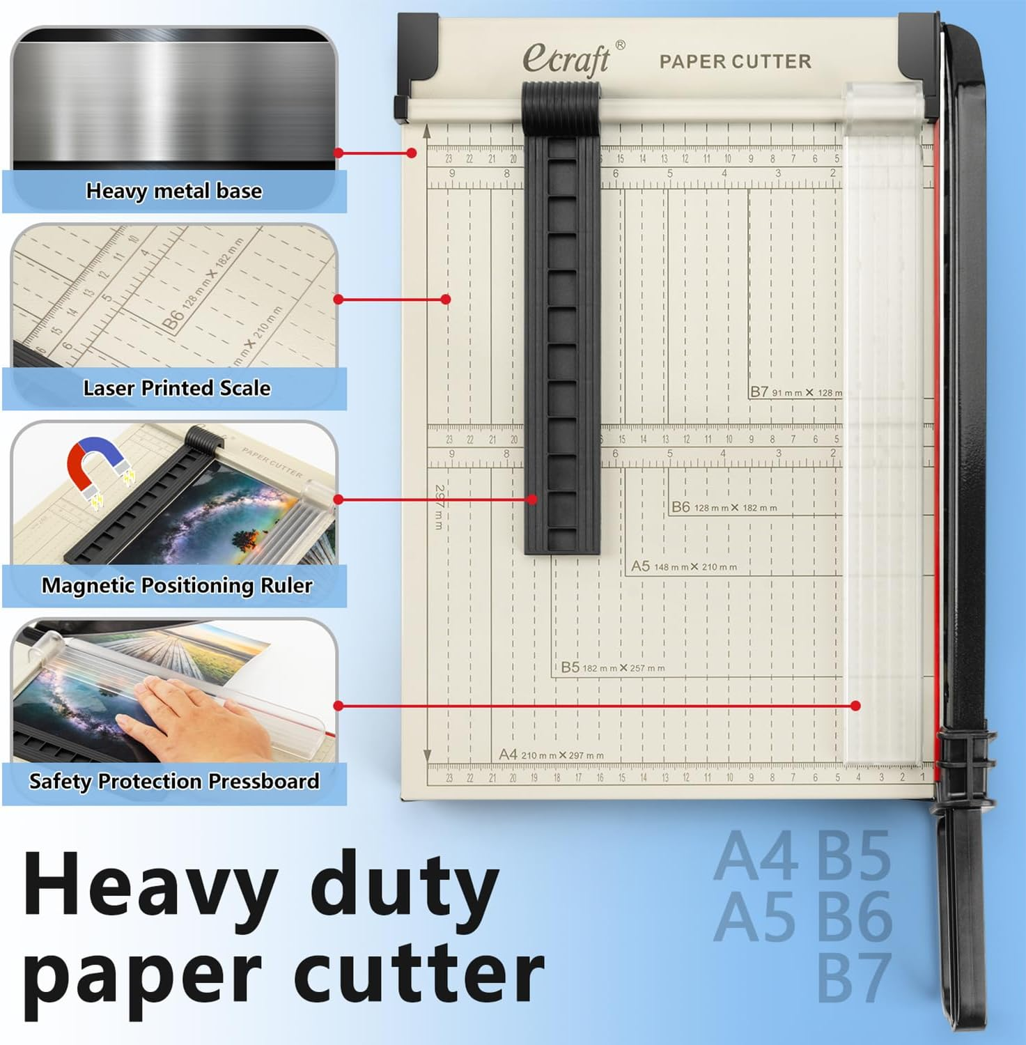 Ecraft 12" Guillotine Paper Cutter：Paper Trimmer Accurate Cutting with Safety Guard,15 Sheets Capacity,Magnetic Guide,Heavy Duty Metal Base, Perfect for Cardstock,Cardboard,Vinyl,Crafts & Photos image number 5