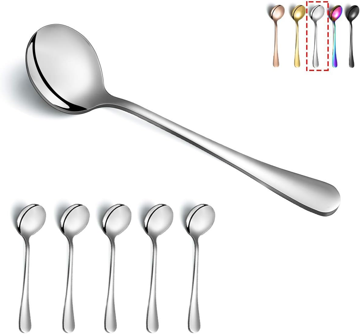 Kyraton Rainbow Soup Spoons, 6 Pieces Stainless Steel round Spoons with Rainbow Titanium Plating, Colorful Dinner Spoon Table Spoon, Spoons Silverware Dishwasher Safe Set of 6