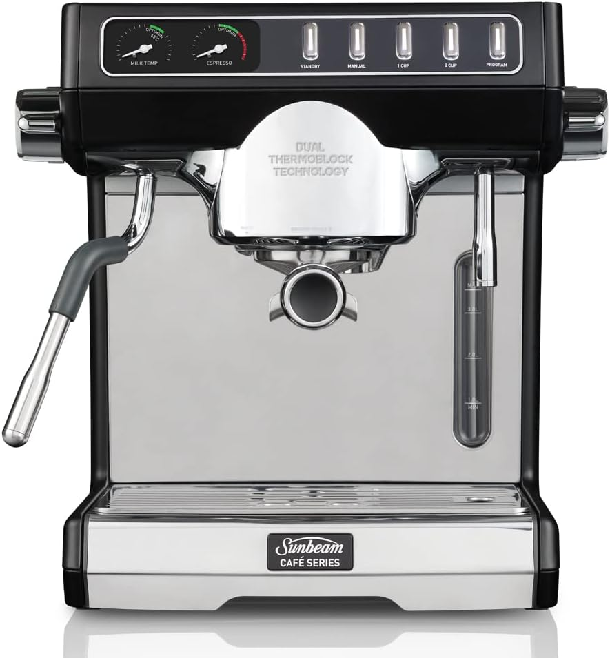 Sunbeam Caf&eacute; Series Duo Manual Espresso Coffee Machine| 58Mm Commercial Size Group Head, Fast Heat-Up Dual Thermoblock Heating System, Steam Pressure & Hot Water Control, EMM7200BK