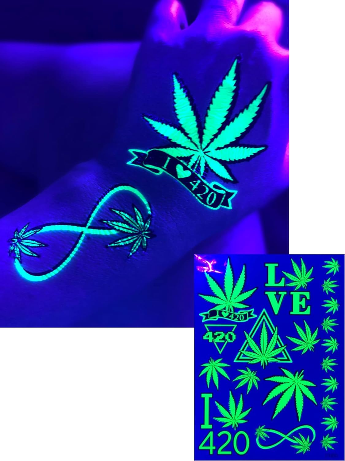 Temporary Blacklight Tattoos- Neon Green Weed 420 Leaf Design Body UV Blacklight Reactive Rave Festival Music EDC EDM Party Tattoo